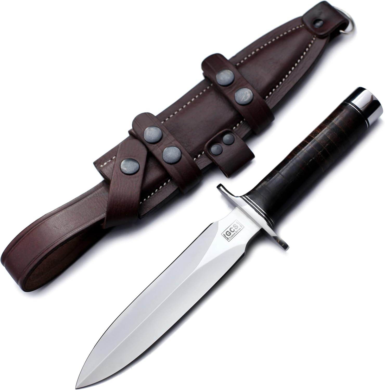 GCS Handmade Stacked Leather Handle D2 Tool Steel Tactical Hunting Knife with leather sheath Full tang blade designed for Hunting & EDC GCS 8