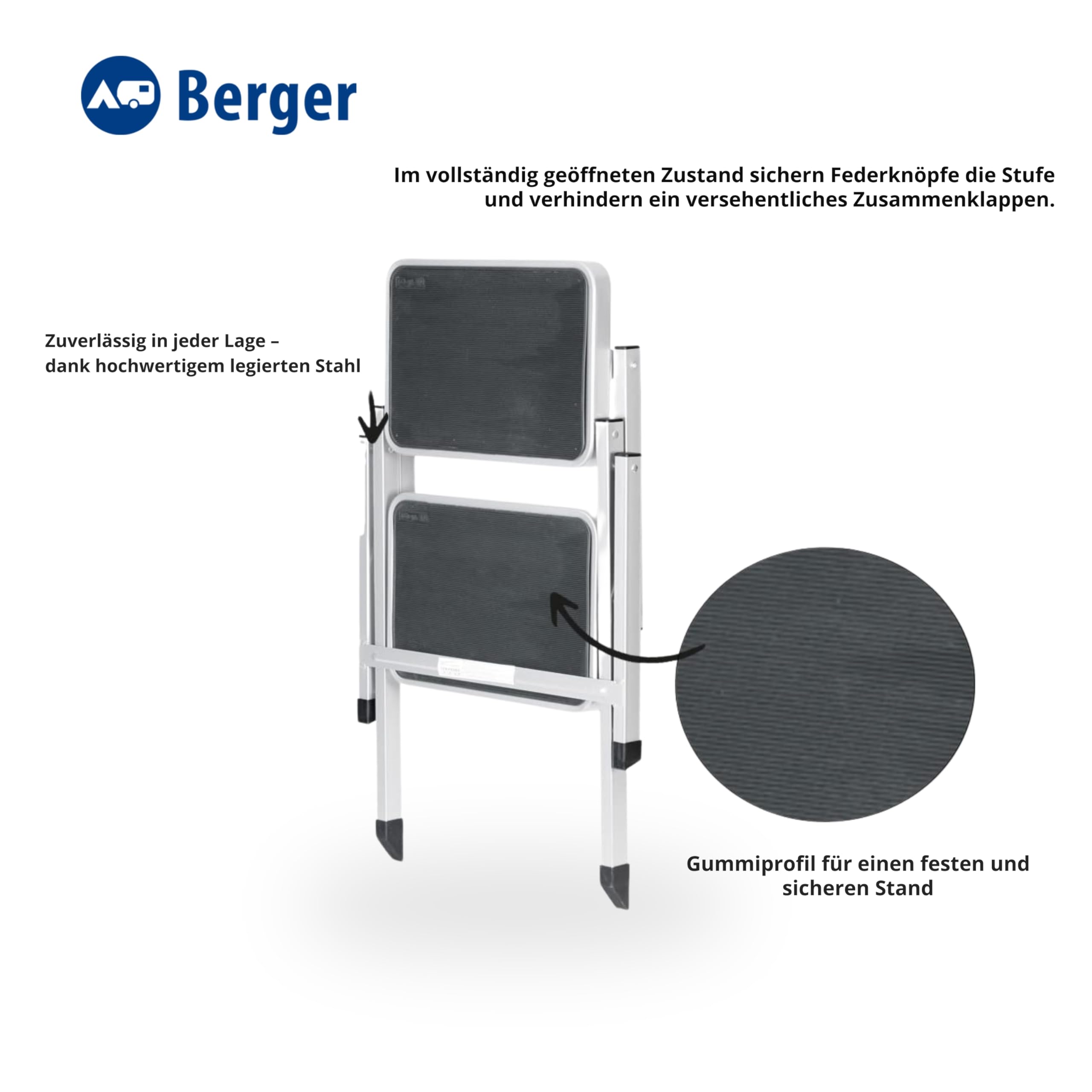 Berger | Marche-Pied Pliable Double pour Camping Car | Escabeau Anti-Derapant | Accès Caravane, Garage, Bateau, Intérieur | Tabouret en Acier jusqu'à 130 kg | Escalier pour Caravane, Camping Car