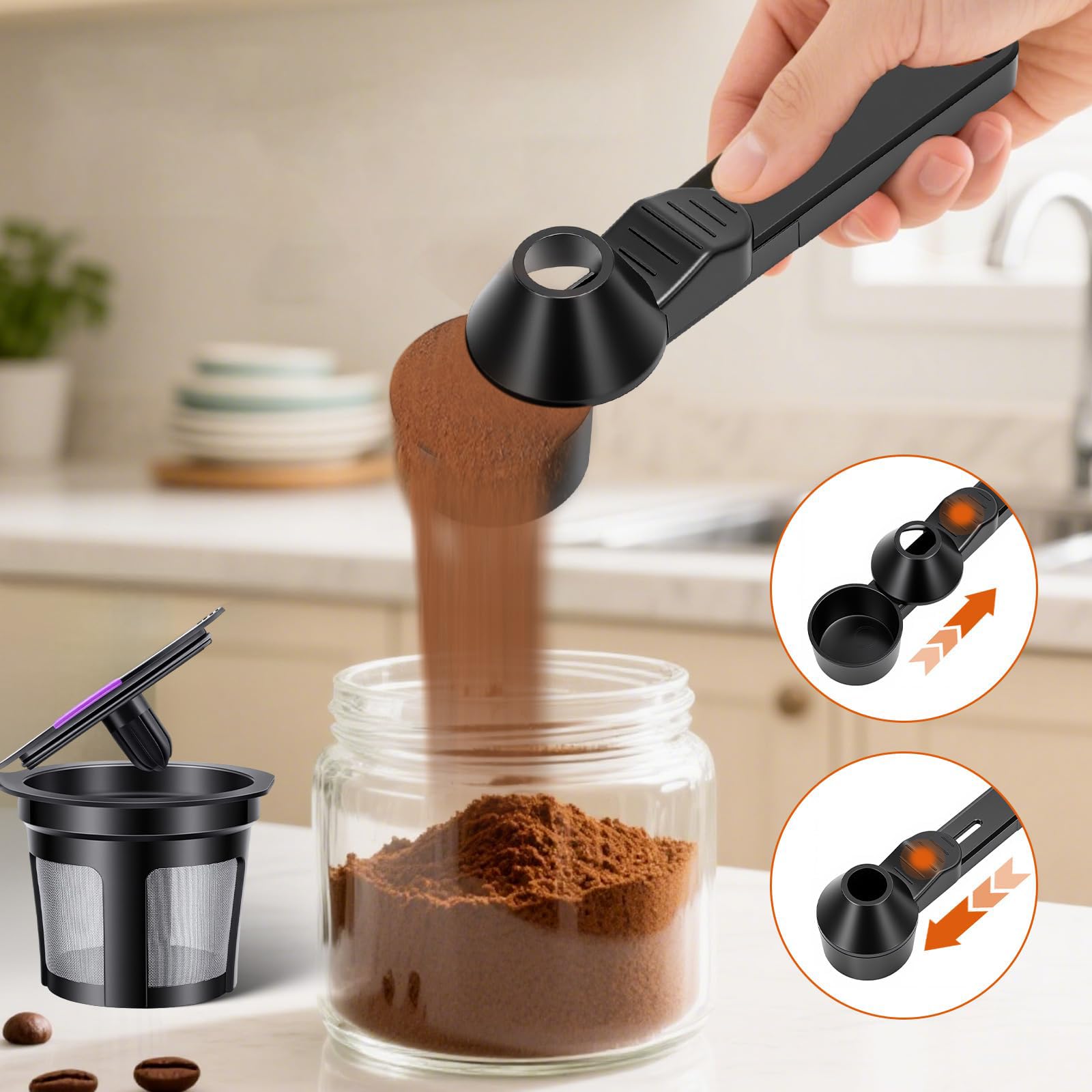Cucchiaio Dosatore caffè con Imbuto Set di 2 Cucchiai Misuratori per Polvere di caffè Nero E Trasparente in Materiale ABS Design Utensili Multifunzionali per