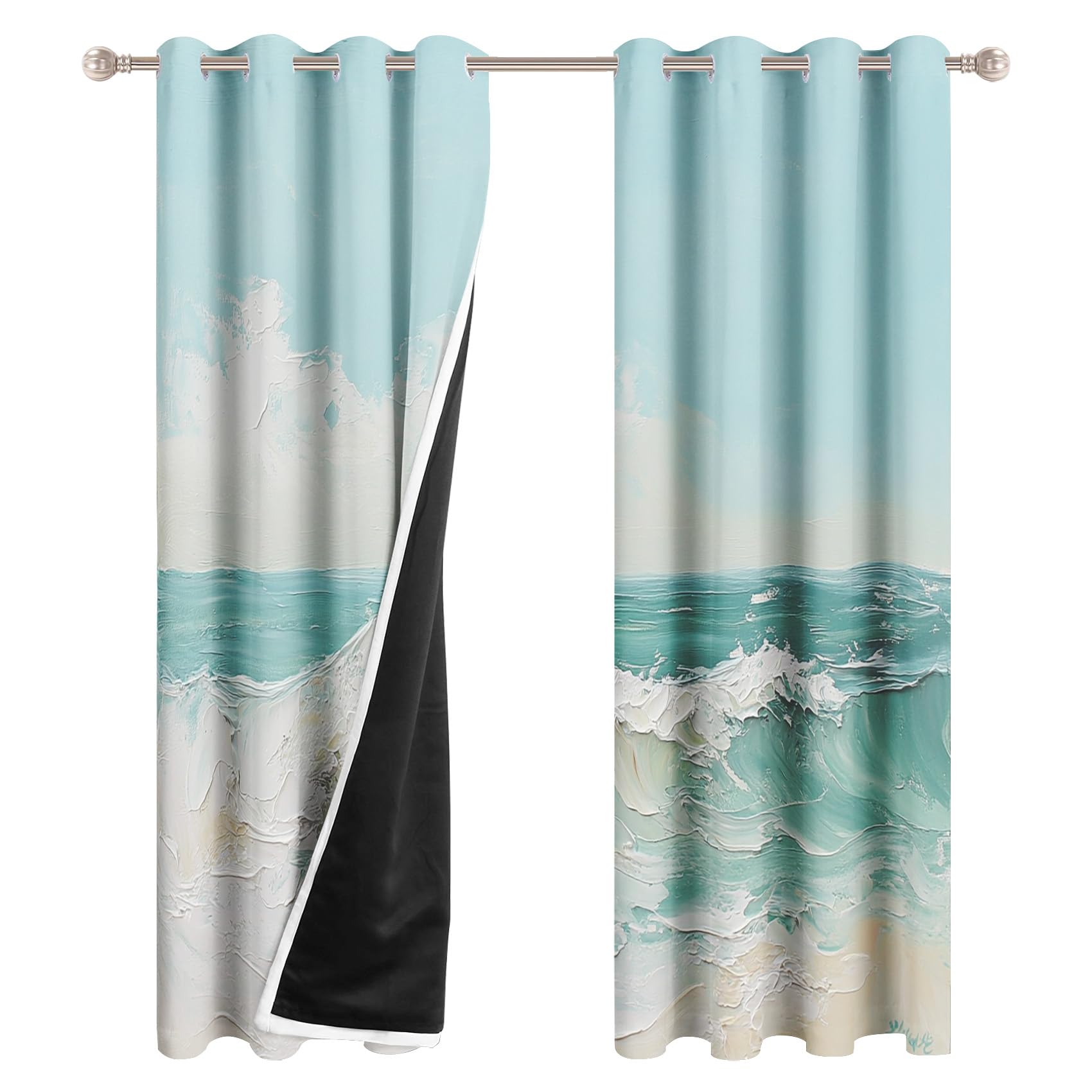 Generisch Meereswelle Vorhänge Wohnzimmer, Vorhang Blickdicht Ölgemälde Wellen Gardinen mit Ösen Schlafzimmer, Thermo Verdunklungsvorhänge 2er Set H200 x B140 cm pw&78