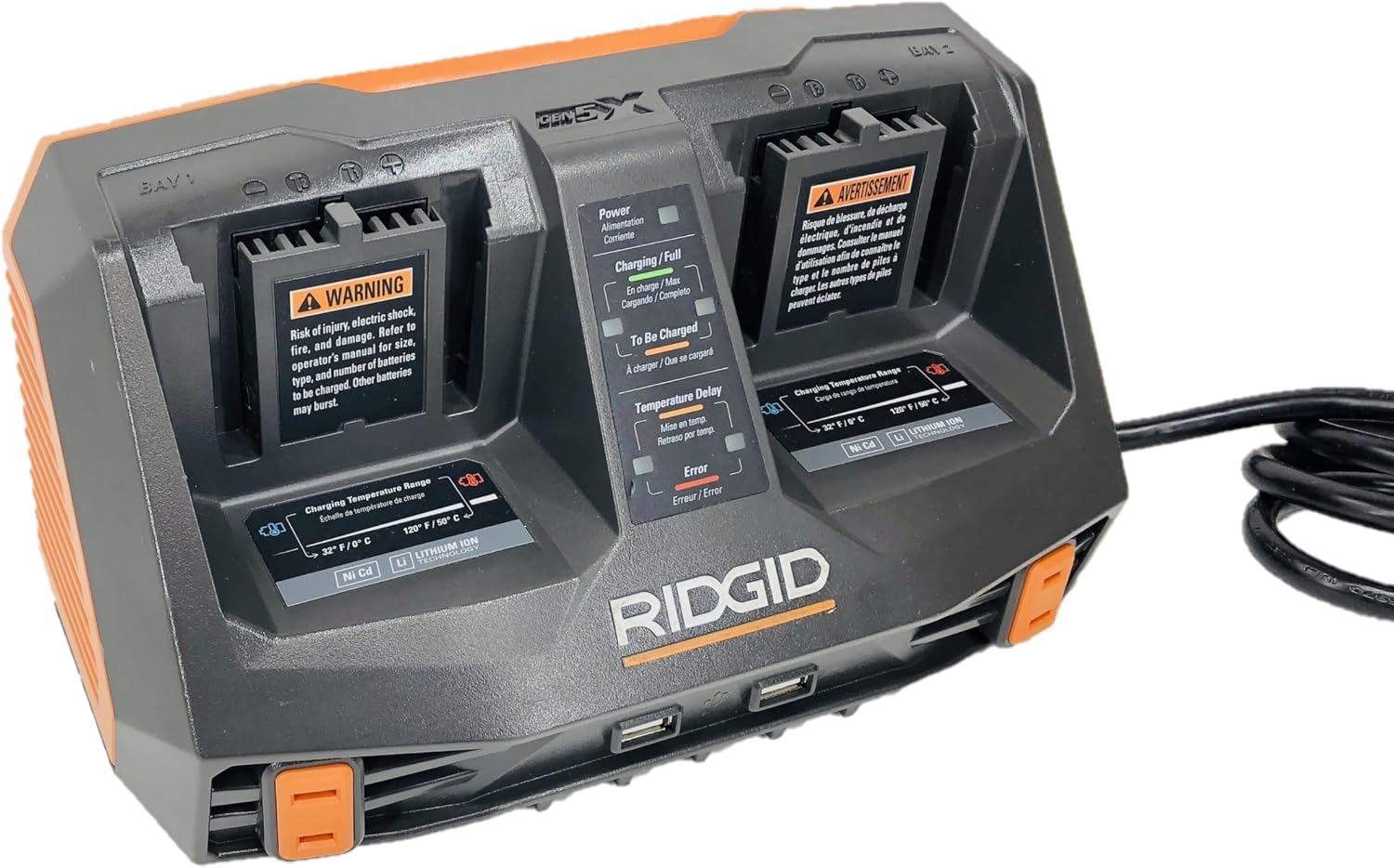 Ridgid AC840094 Gen5X Dual Port 18V Lithium Ion and NiCad Battery Charger with Pass-Through AC Ports and USB Charging (Batteries Not Included, Charger Only)