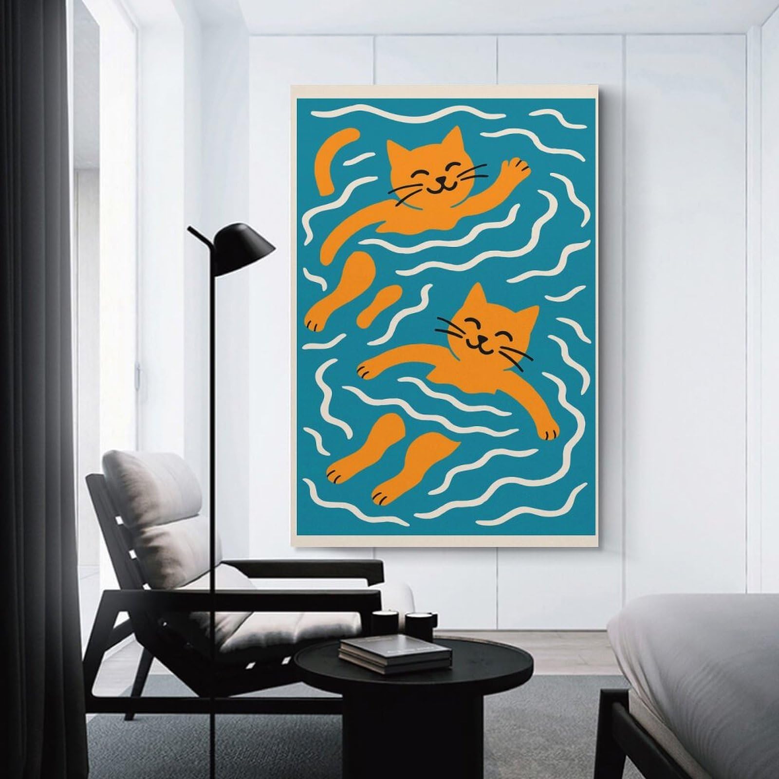 Junmoney Swimming Cats Illustration Hanging Wall Art 12x18inch(30x45cm), for New Homes, Bedrooms Or Workspaces, Thoughtful Wall Decor for Art Lovers