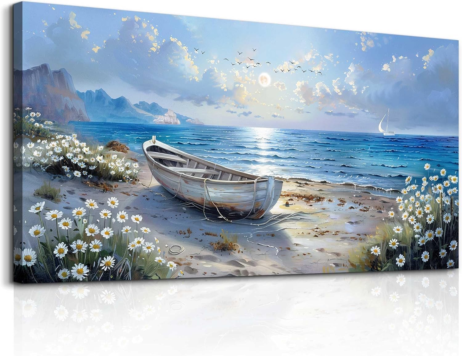 lianyibo Large Wall Art For Living Room Canvas Wall Decor For Office White Flower Seaside Landscape Painting Farmhouse Decor(90x180/Frameless)