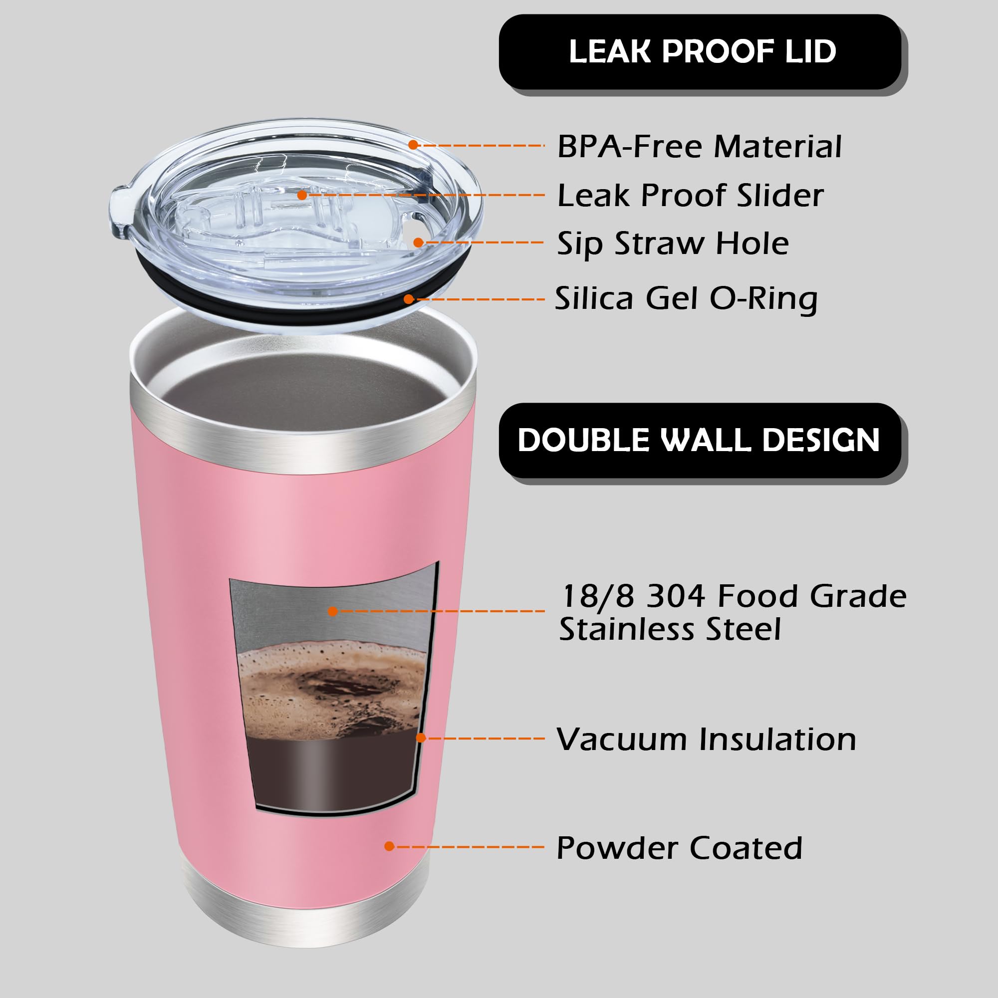 AIANJI 567 g Tumbler mit Deckel Edelstahlbecher Isolierbecher Pink 6P