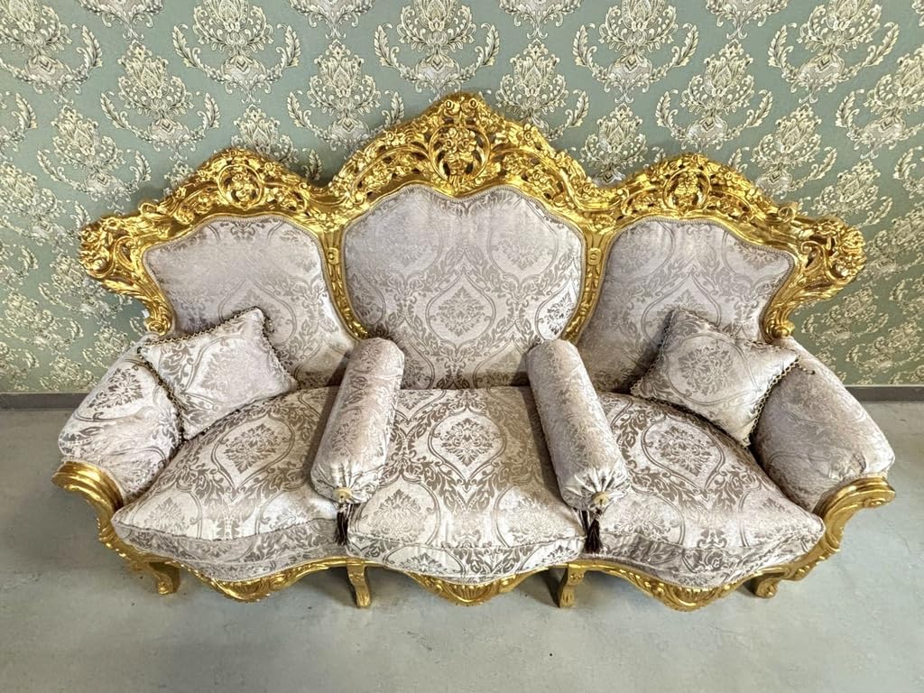CasAmin Home & Living Sofagarnitur in Dunkelbeige Französisches Couchgarnitur im Louis XL Stil mit Goldfinish für die Hotellobby Barock Rokoko Salon Sofa als Wohnzimmer Dekoration
