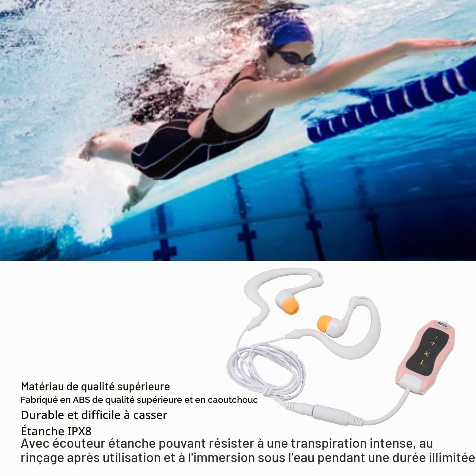 Lecteur MP3 Hydrodynamique avec écouteurs étanches 8 Go, Lecteur de Musique Rechargeable IPX8 avec Un Excellent Son pour la Natation, la Plongée, la Course à Pied (8GB)