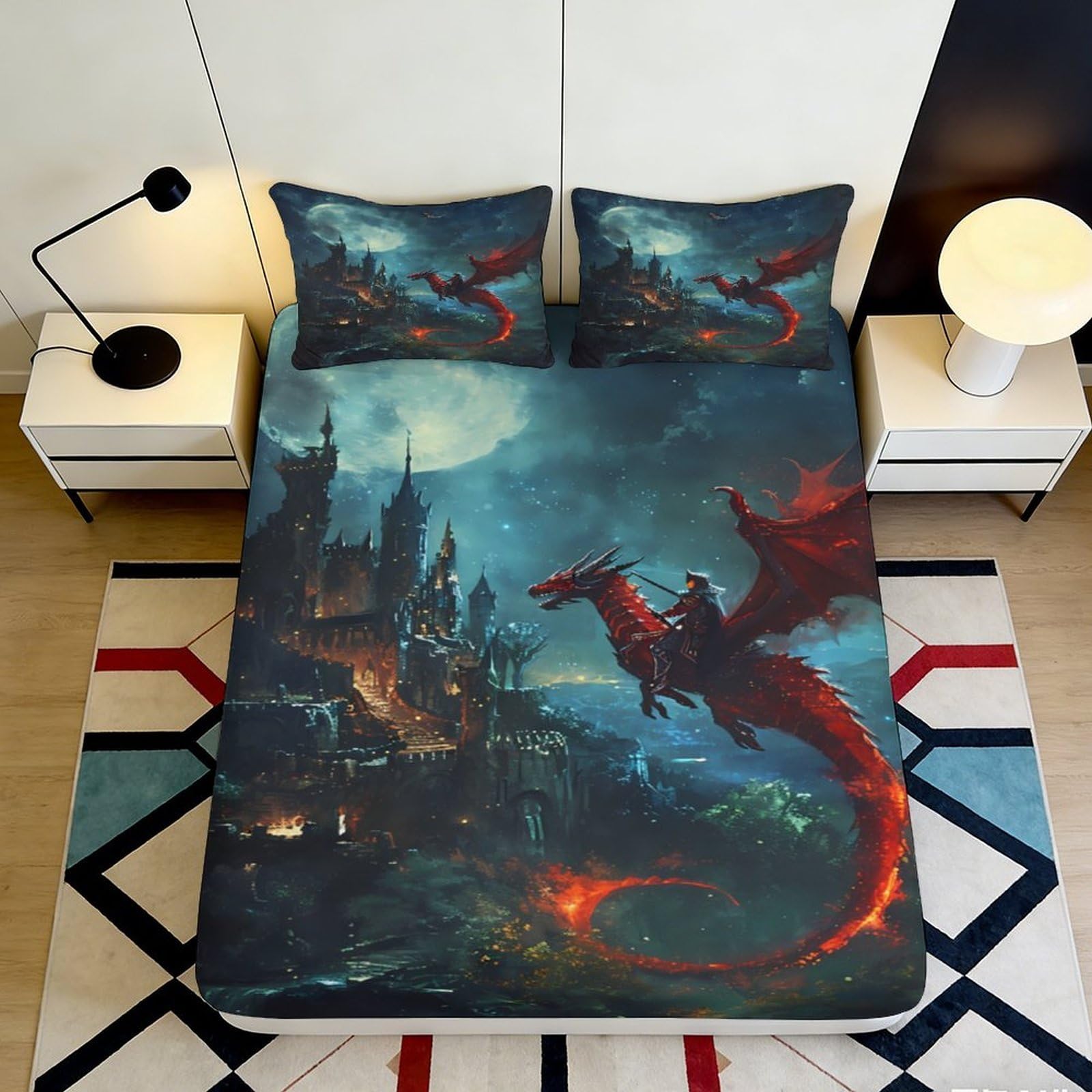3D Printed Dragon Castle Fitted Sheet Microfiber Anti-Slip Red Fantasy Mattress Cover for Bedroom Dorm Decor 90x200x25cm