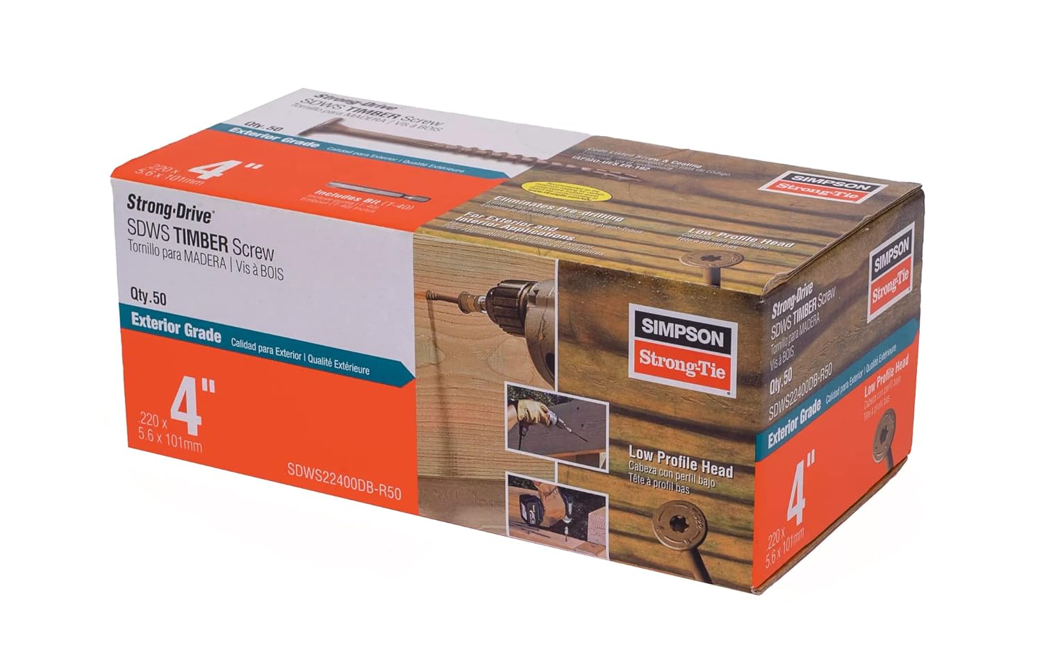 Simpson Strong-Tie SDWS 0.220" x 4" Timber Screws - Exterior Grade, Double-Barrier Coated, Washer Head, Pack of 50