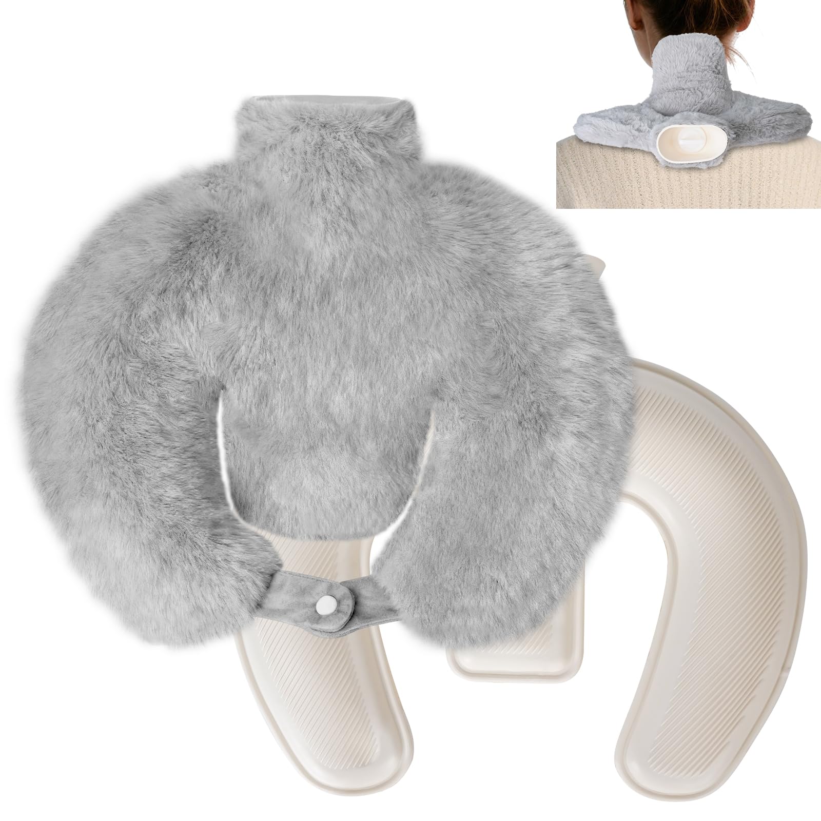 LURICO Bouillotte en Forme de U, Sac à Eau Chaude de Noël, Bouillotte de 1 L avec Housse en Polaire Amovible, PVC Sac à Eau Chaude pour Douleurs au Cou, au Dos et Aux épaules, Cadeau d'hiver (Gris)