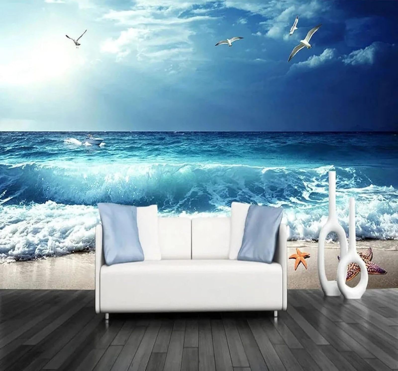 Xlming 400Cm×280Cm(B×H) Blue Sea Beach Coast Landscape 3D Wallpaper Luxury Home Dining Decor Paste Sofa Living Room The Wall For Bedroom Mural-400Cm×280Cm