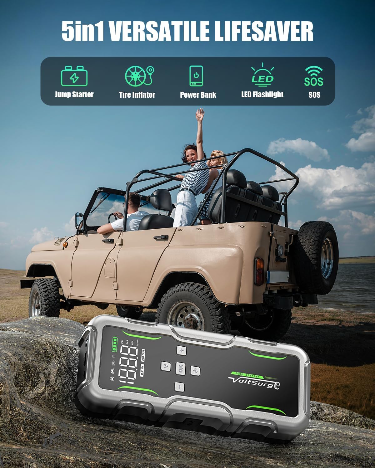 8000A Jump Starter with Air Compressor, 12V Portable Battery Jumper Starter Pack(All Gas/10.0L Diesel) for Car, Jump Box with 150PSI Auto Tire Inflator, LCD Display & Lights