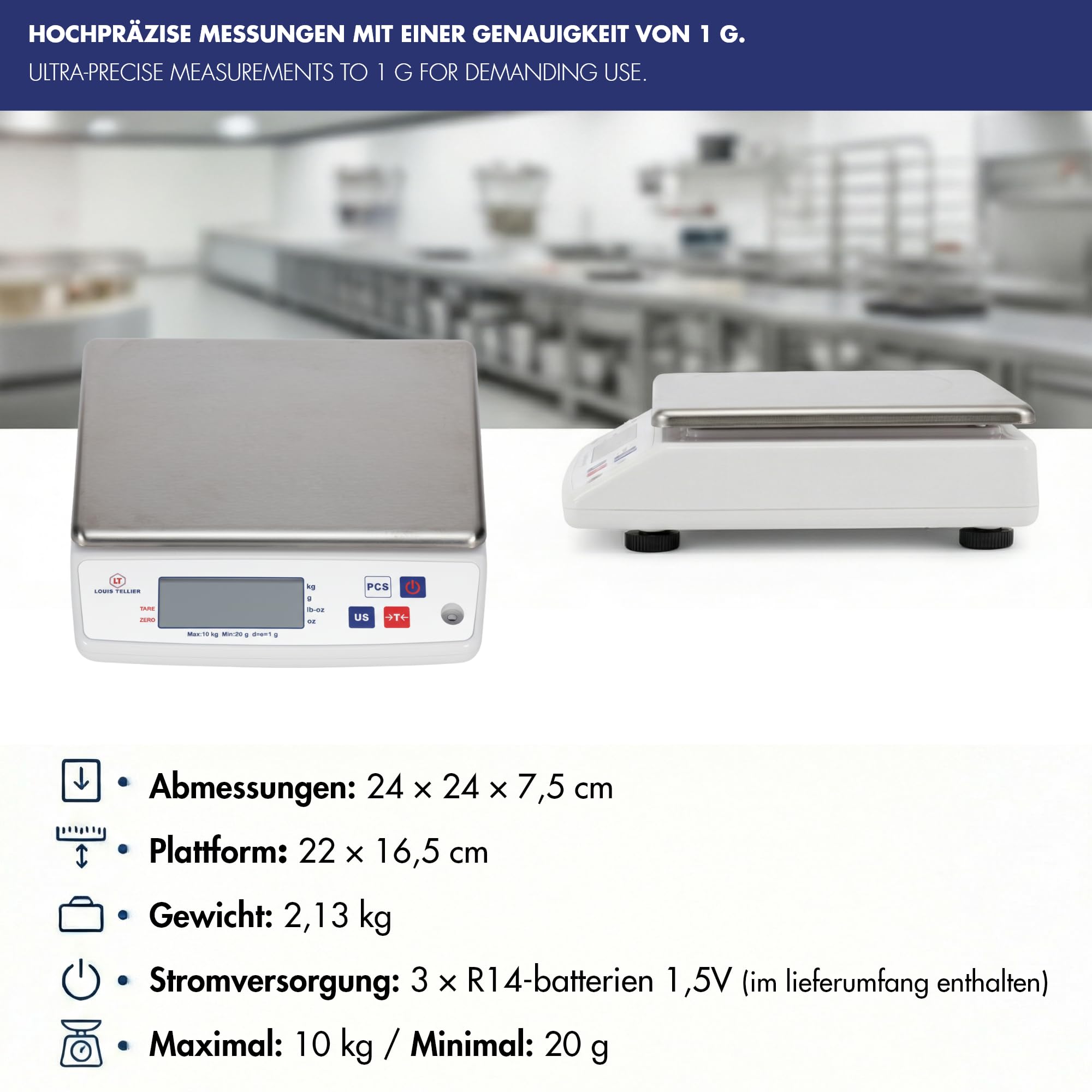 Professionelle Digitale Küchenwaage 10 kg IP53-240x240x75 mm | Präzise Messungen bis 10 kg • IP53-Schutz • Abnehmbare Edelstahlplattform