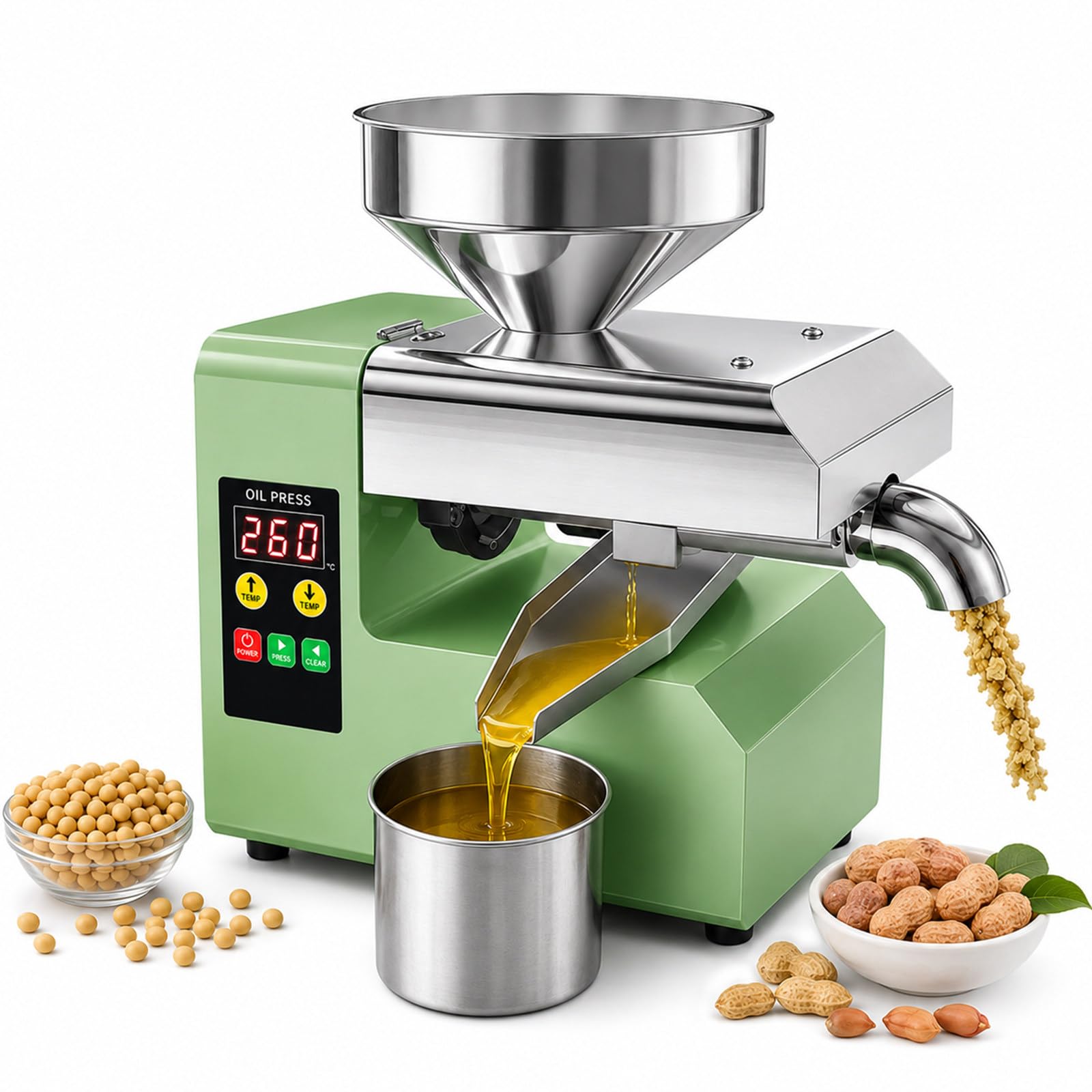 Prensa De Aceite De Sobremesa Para Semillas, Frutos Secos Y Uso Diario 800W | Diseño Compacto Con Calor Ajustable, Marcha Atrás, Tolva Grande Y Vías Separadas Para Aceite Y Residuos