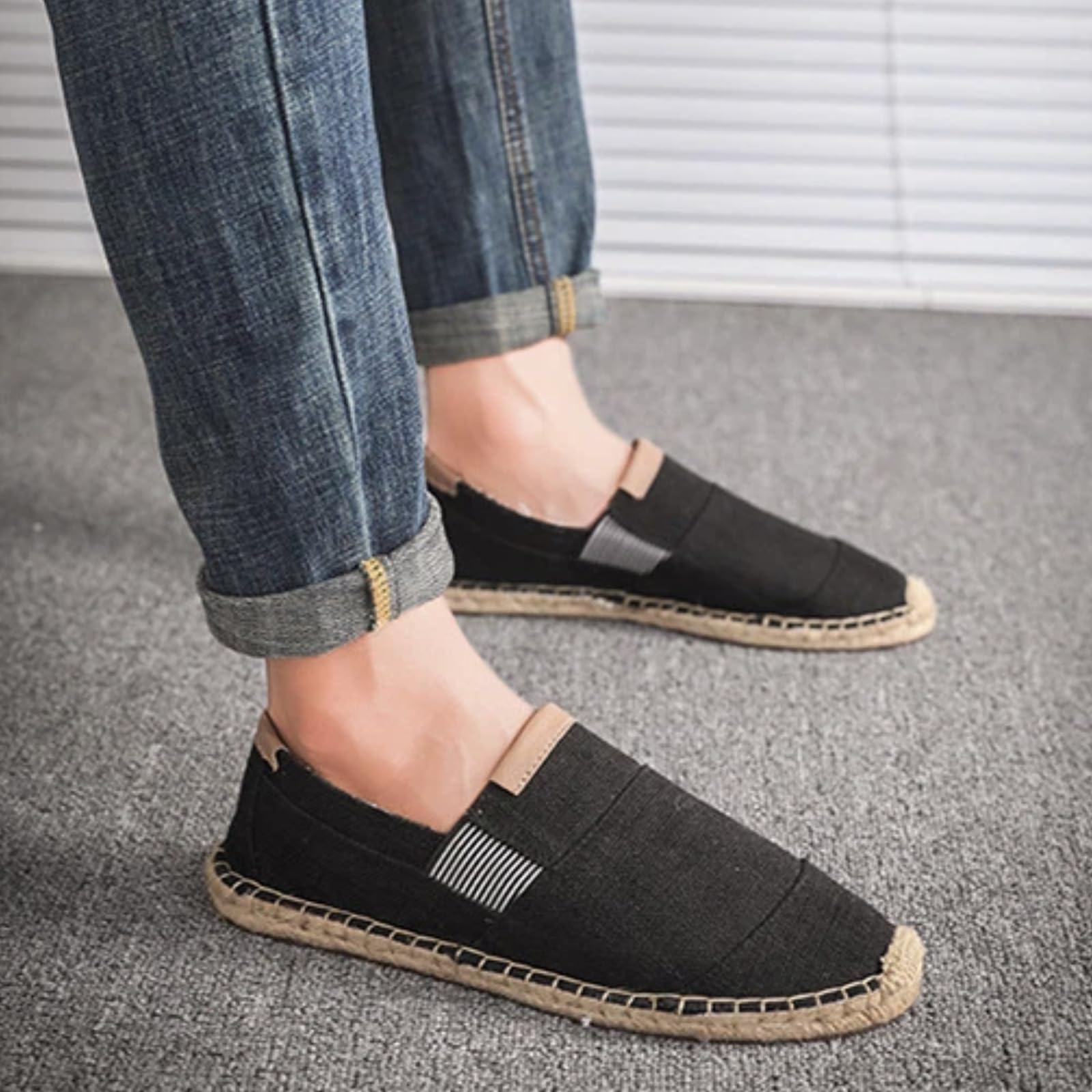 Scarpe Uomo Lino Tela Espadrille Pescatore Casual(Nero,42)