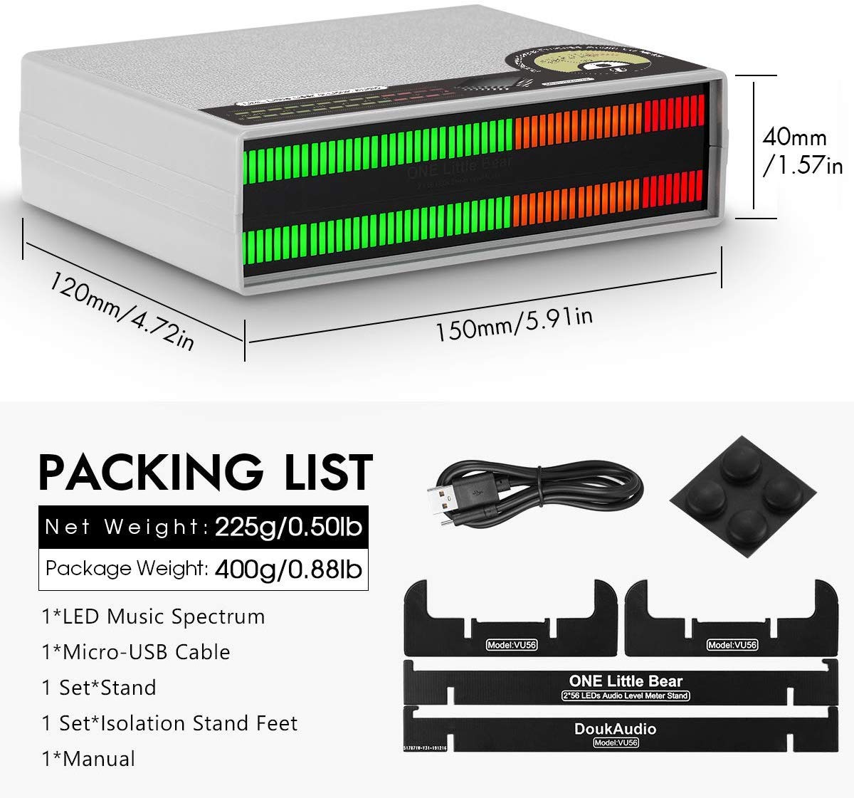 Douk Audio 56 bits Level Meter LED Music Spectrum Display Stereo Sound Indicator (Vert, Orange & Red)