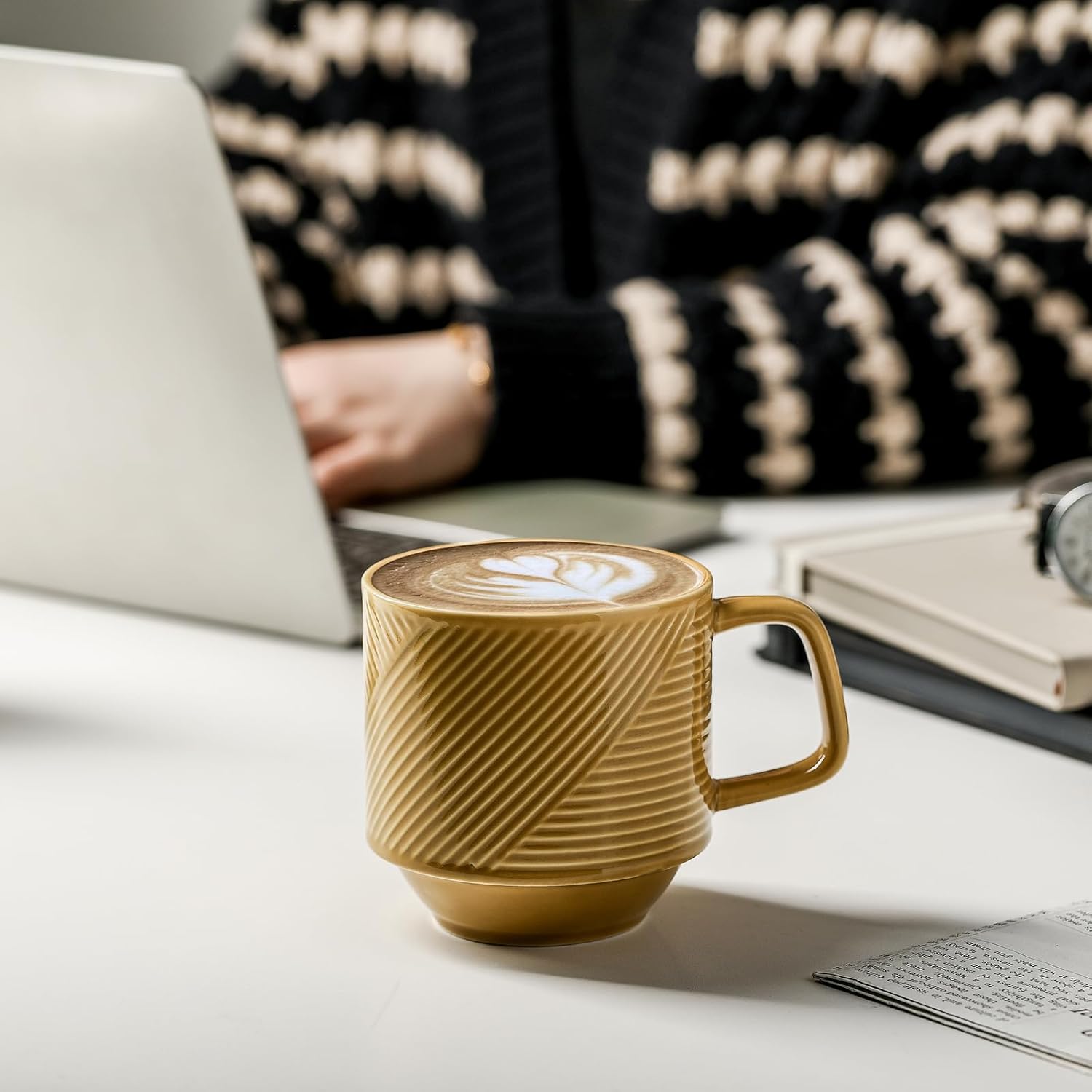 Stackable Coffee Mugs with Rack: 13 oz Stacking Ceramic Cups with Stand - Porcelain Stacked Tea Mug Set of 4(Mustard Yellow)