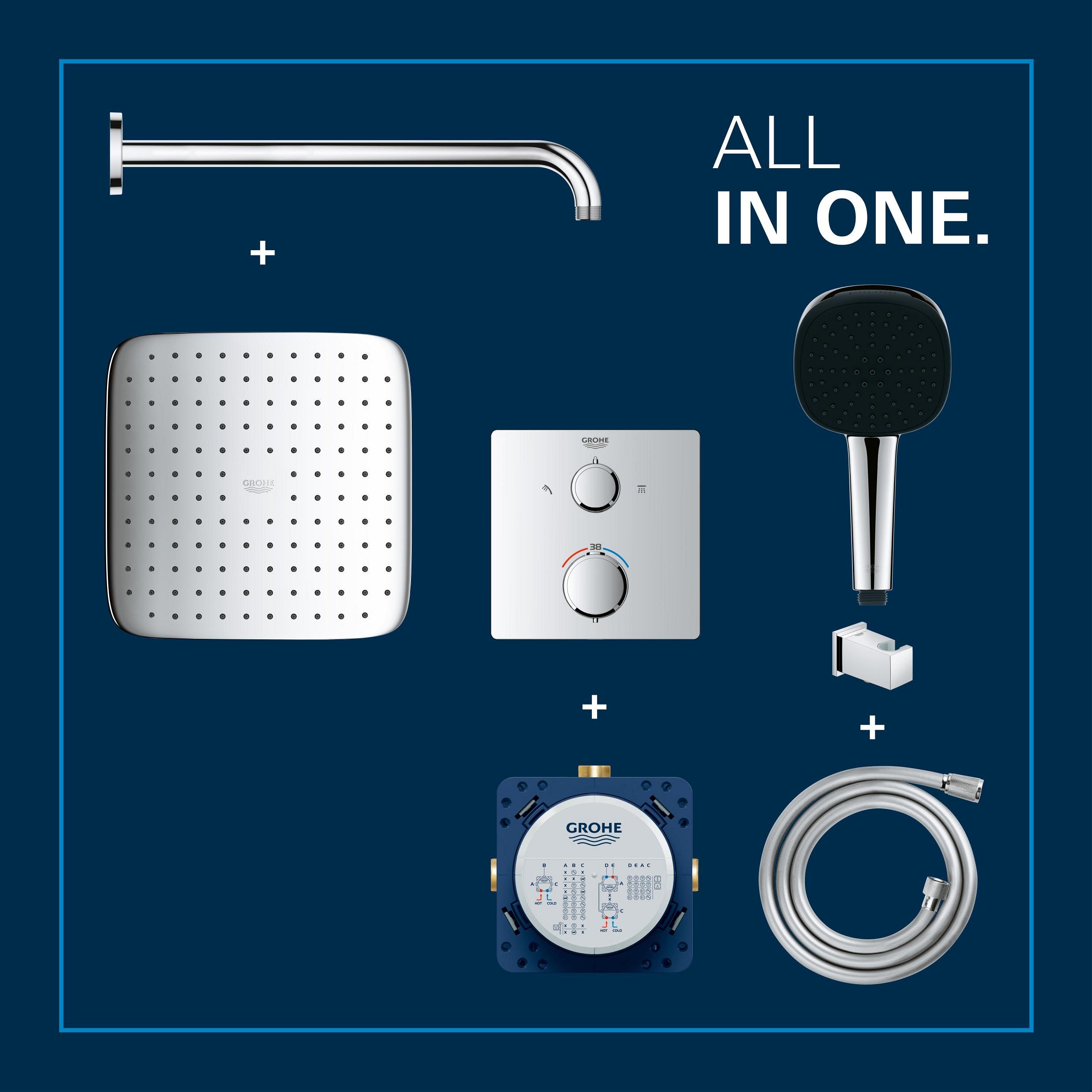 GROHE Precision 250 – system prysznicowy (250 mm głowica prysznicowa z 1 rodzajem strumienia, 2 strumienie, uniwersalne pudełko do zabudowy, wąż prysznicowy 150 cm), prostokątny, chrom, 34882000