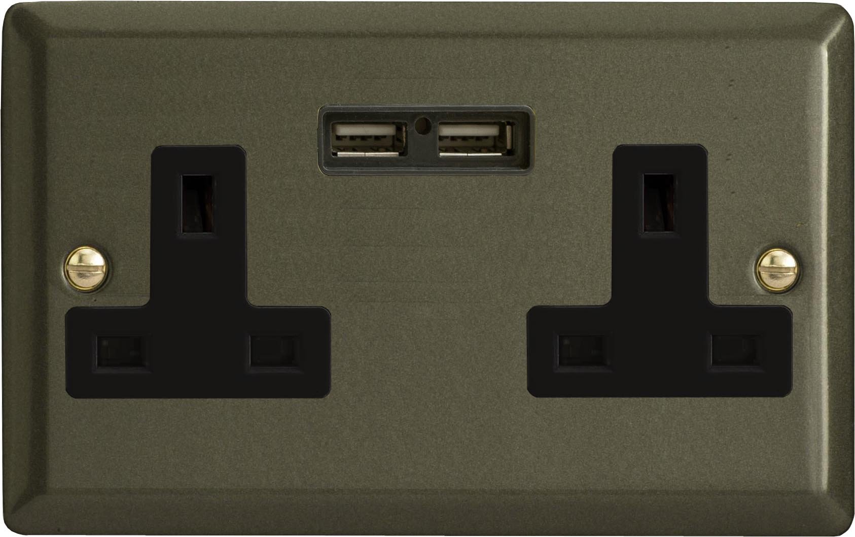 Varilight 2 Gang, 13 Amp Unswitched Socket with 2 Optimised USB Charging Ports, Black Insert. Classic Graphite 21