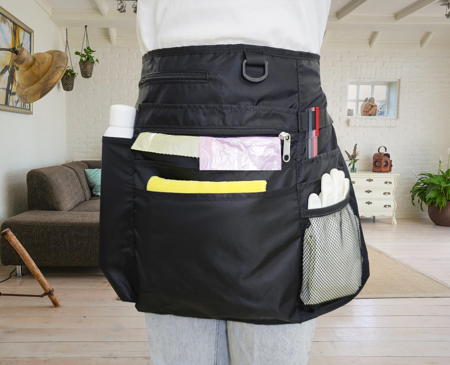 Bafelia Delantal de limpieza impermeable con 8 bolsillos, suministros de limpieza para el hogar, delantal ligero y duradero
