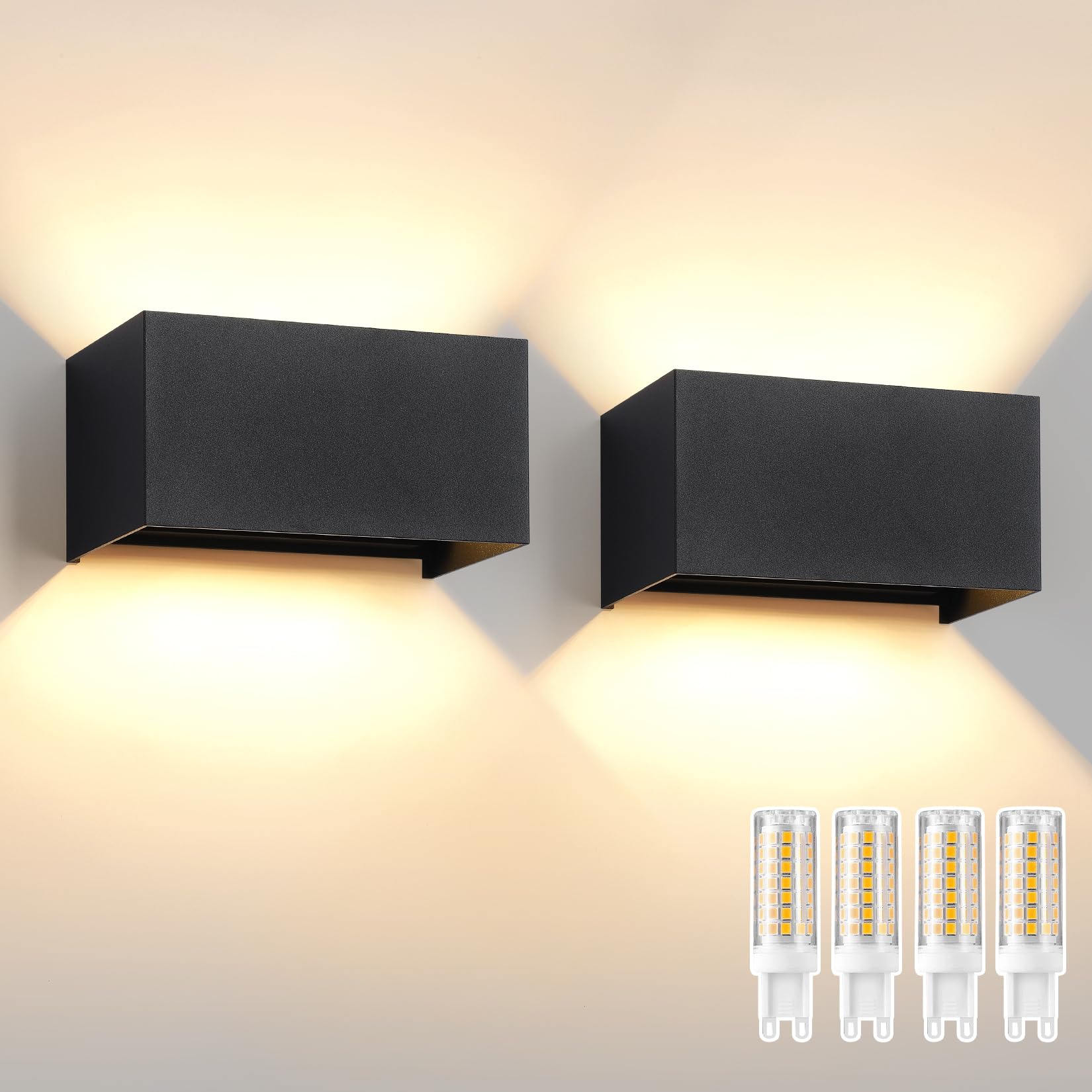 2 Pezzi Lampada da Parete Esterno/Interno con Lampadina G9 Sostituibile IP65 impermeabile Applique da Parete Esterne Alluminio Angolo del Fascio Regolabile Retangolo Nero, 3000K Luce Caldo