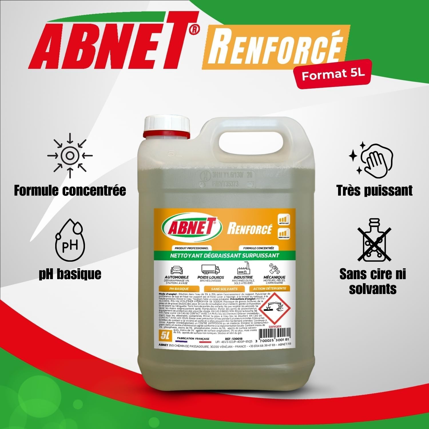 ABNET - Abnet Renforcé - Nettoyant Dégraissant Surpuissant - Élimine toutes les traces - 5L