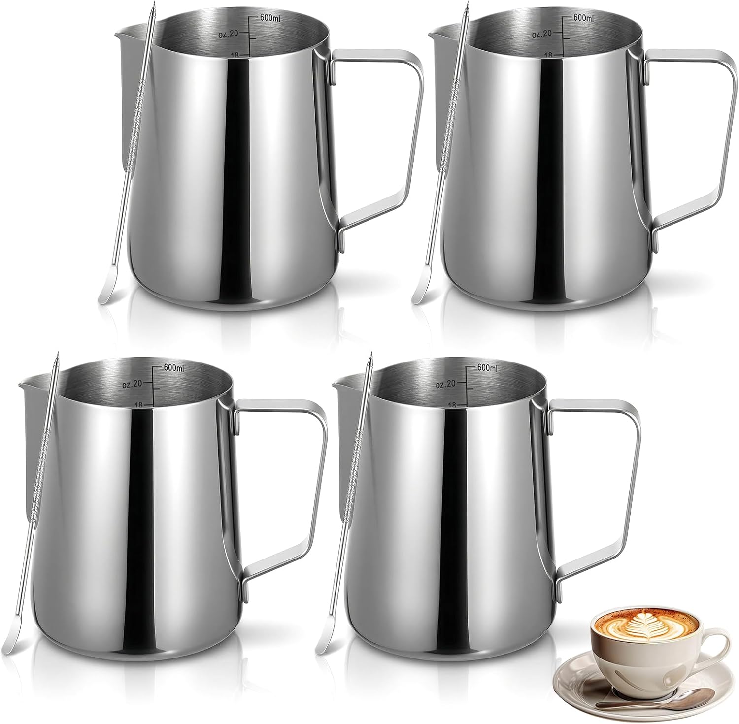 4 Pcs 20oz Milk Frothing Pitcher with 4pcs Latte Art Pen, 304 Stainless Steel Steaming Pitchers with Sharp Spout, Milk Frother Cup for Barista Coffee Bar Espresso, Latte Art (600ml)