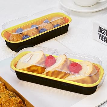 50 Pack Mini Cake Pans with Lids and Spoons Rectangular Aluminum Foil Loaf Baking Pans Tin Containers Cupcake Containers Wrappers Cheesecake Crème Brulee Ramekins - 7.2 oz, Black, 50 Pack