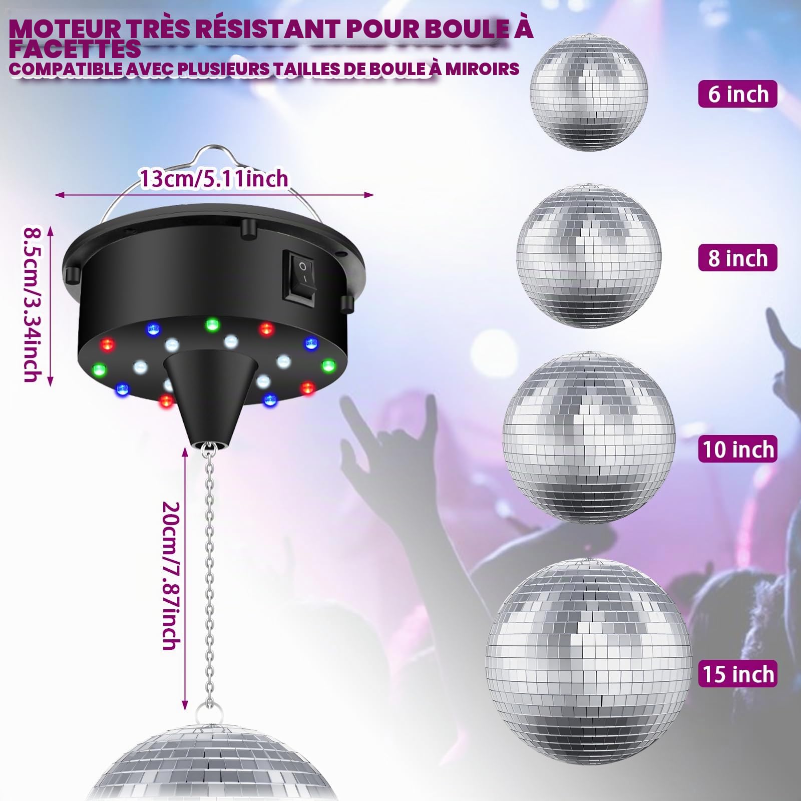 Moteur de rotation de boule à facettes Amélioré Moteur pour boule à facettes réglable 5/8/10/15 tr/min, Supporte la suspension de boules à facettes de 15-38 cm Peut être utilisé pour créer un