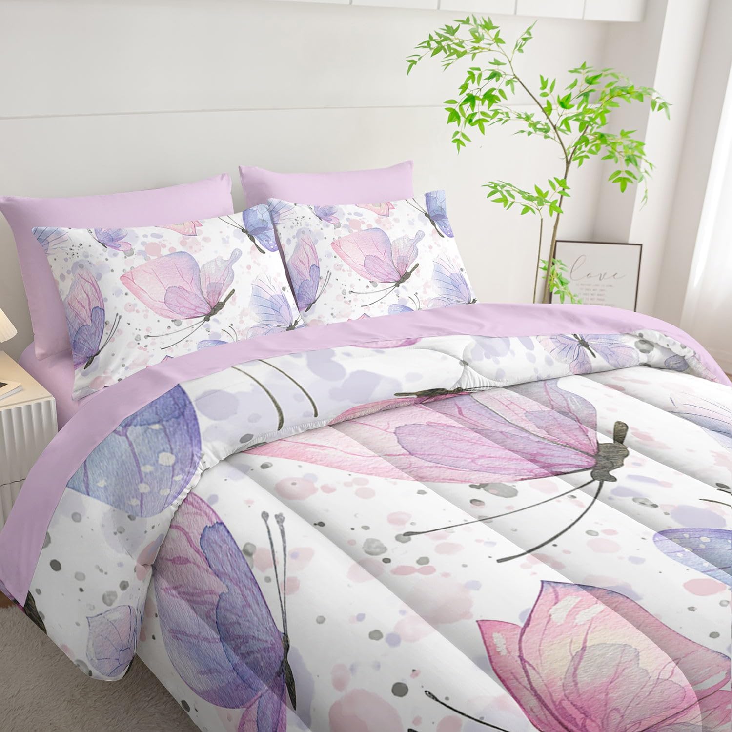 7Pcs Comforter Set Butterflies Printed Bedding Set with 1 Comforter, 1 Flat Sheet, 1 Fitted Sheet and 4 Pillowcases for Boys and Girls Bedroom All Season(Butterflies-2 Queen)