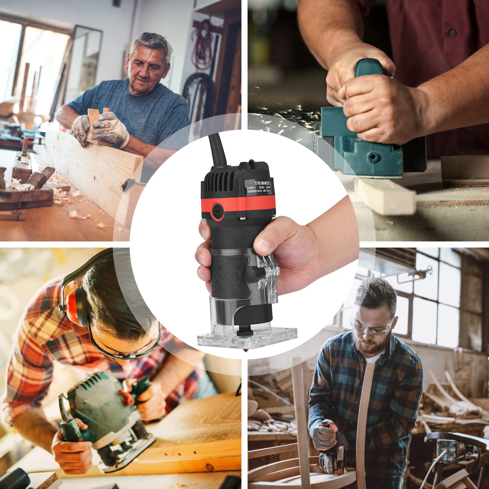800W Router portatile da 6.5 mm 30000 giri/min Router portatile fai-da-te Router compatto per la lavorazione del legno Trimmer elettrico con 15 punte per router