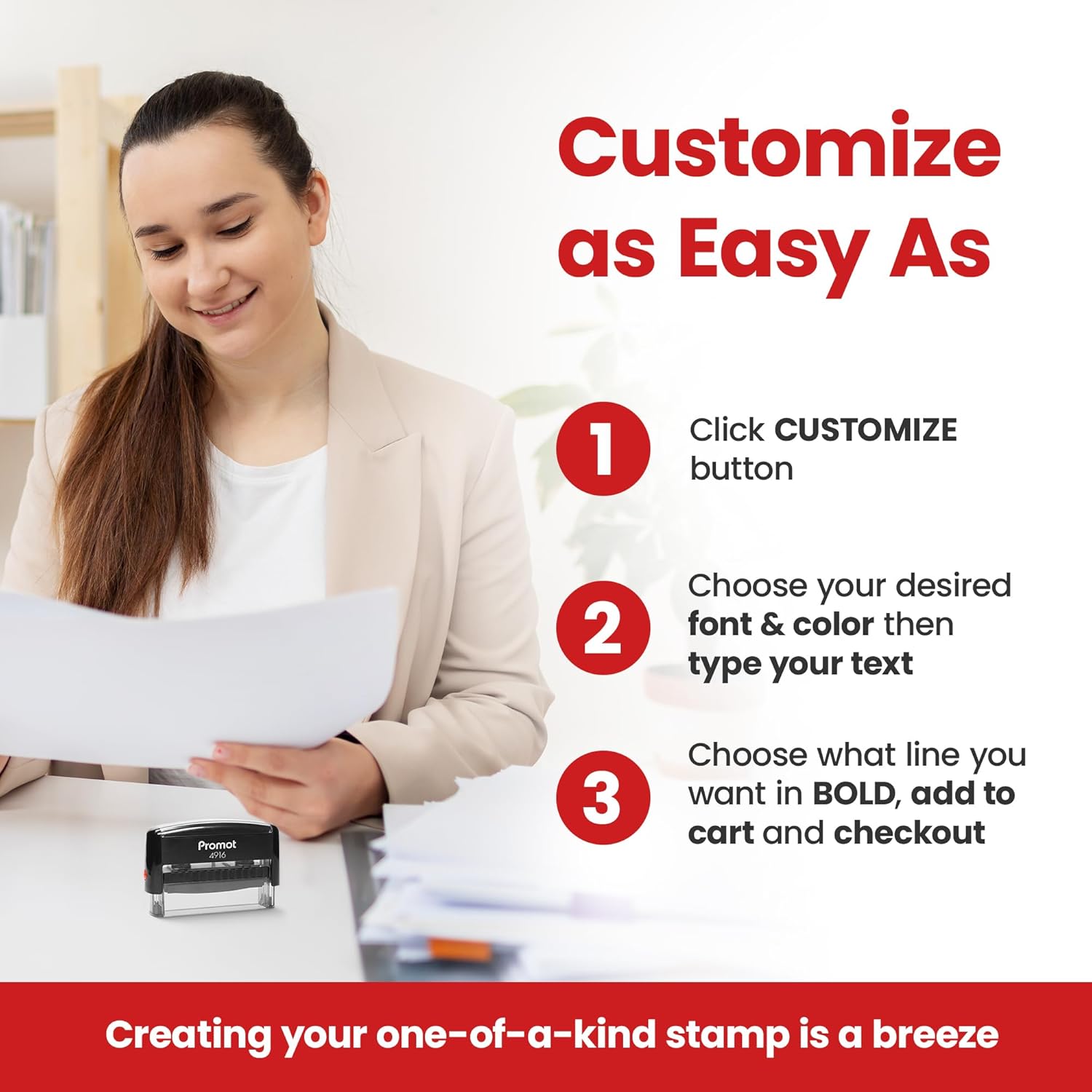 Promot Self Inking 1 Long Line Custom Stamp - Personalized Name Stamp for Office, Teacher, Address & Business Label Stamp - Choose Font, Ink Color, Pad, for Personal & Professional Use