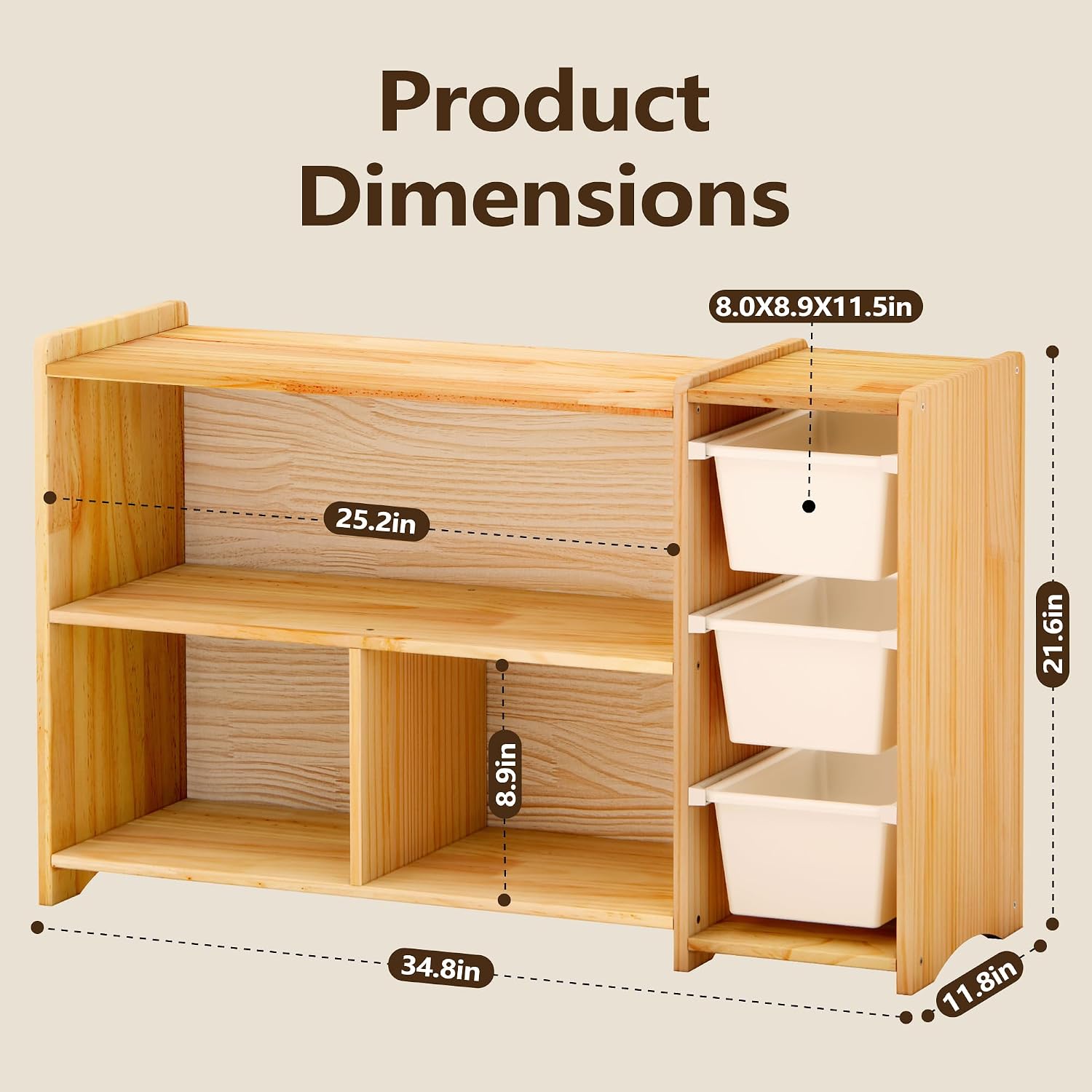MallBest Montessori Shelf for Kids, Solid Wood Bookshelf and Toy Storage Organizer with 3 Removable Bins, Smooth Rounded Corners, Natural Wood Bookcase for Playroom, Nursery, Bedroom