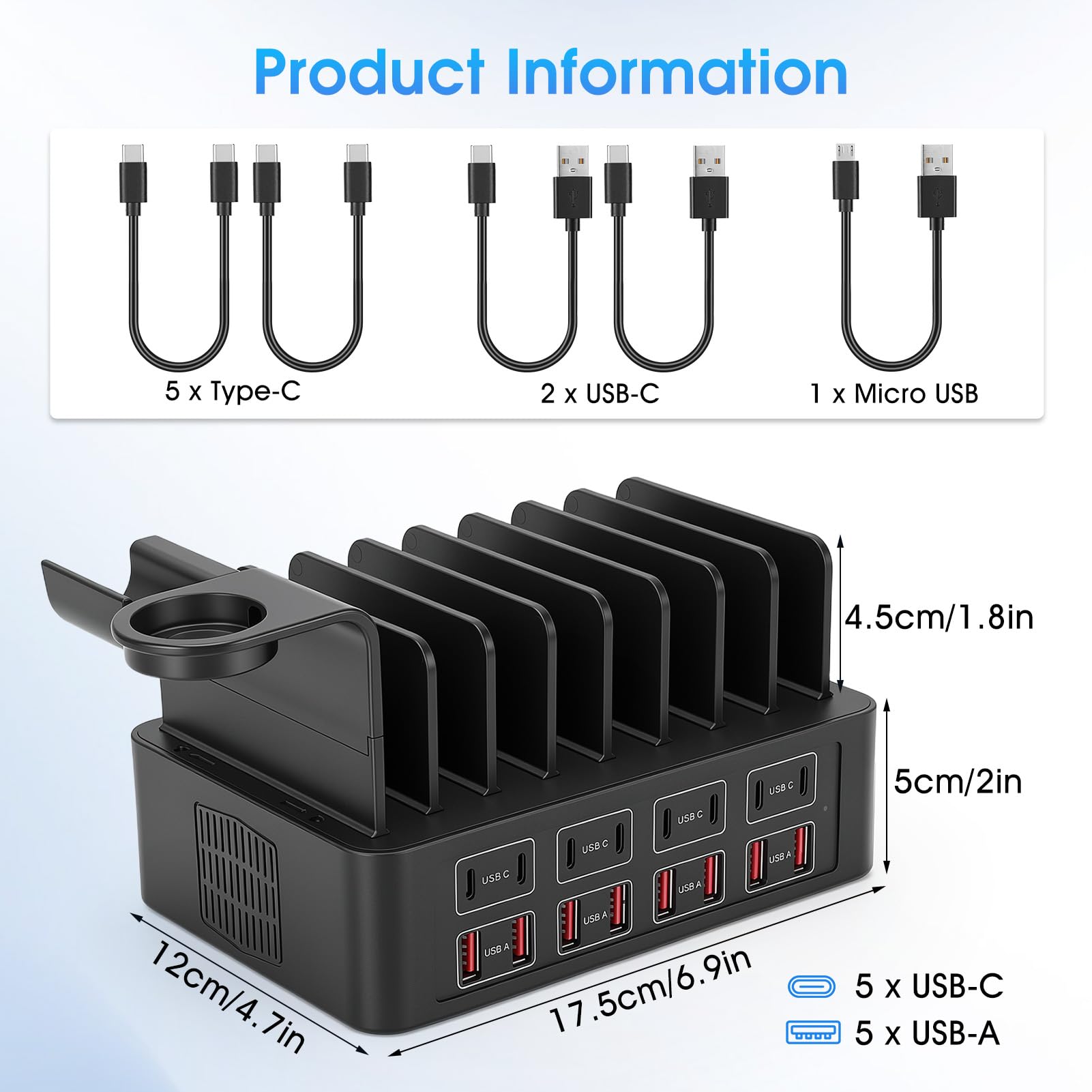 Stazione di Ricarica da 150W, 16 Porte Caricatore USB con 8 Cavi corti e Regolabile supporto, 2-in-1 Rapida caricabatterie da scrivania per smartwatch, smartphone, tablet, MP3