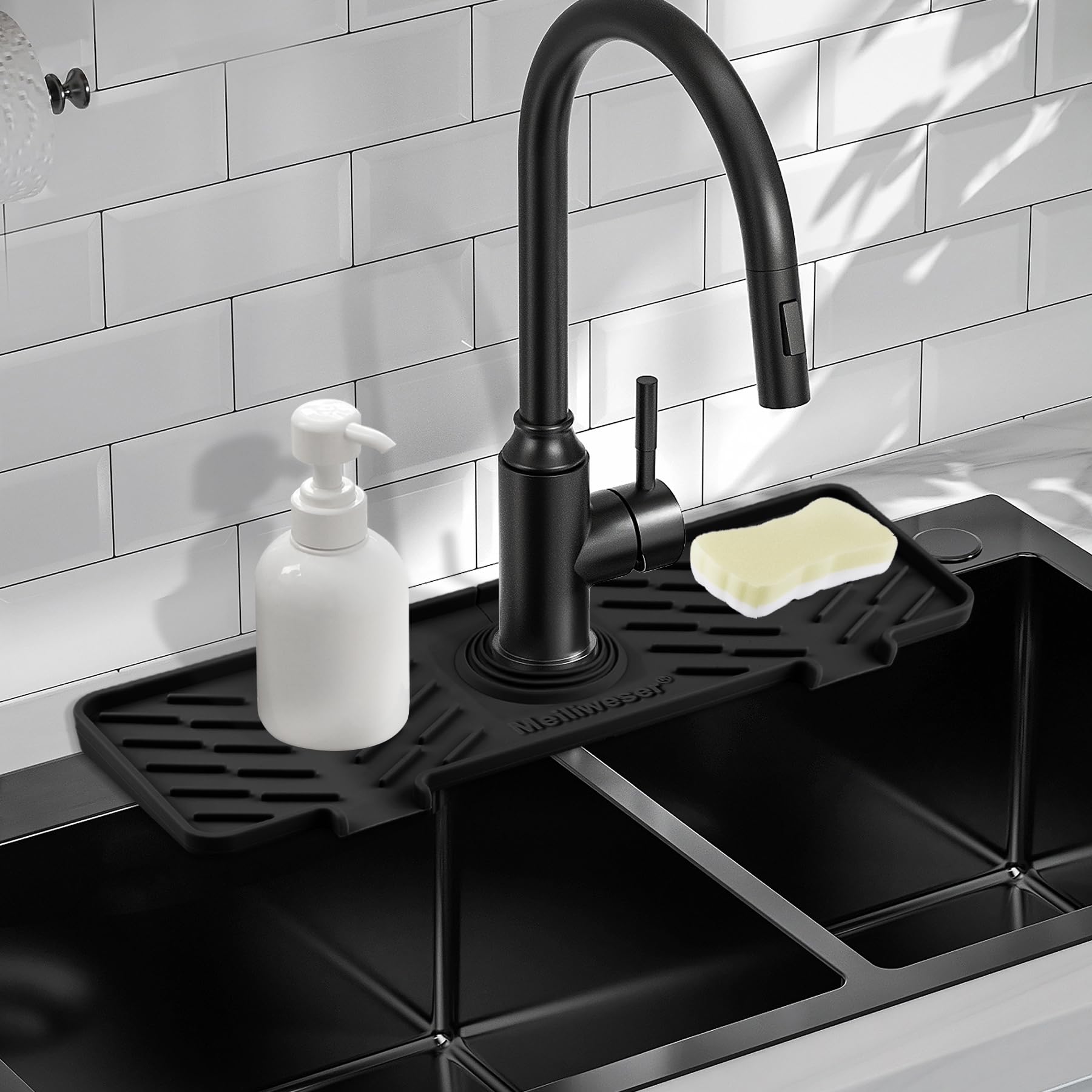 Meiliweser Silicone Faucet Mat for Kitchen Sink – Gen 3 10° Slope Splash Guard with Cuttable Hole – 14” x 5.5” Drip Catcher & Sponge Holder for