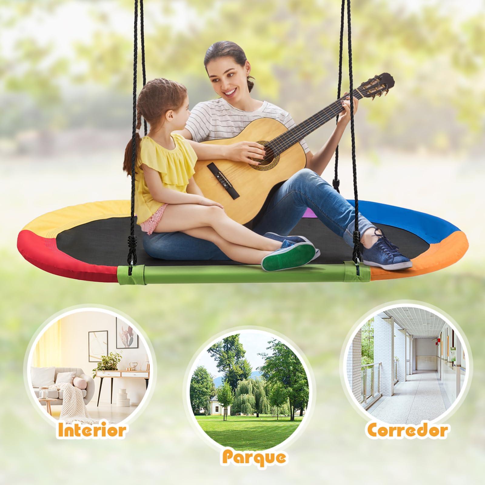 COSTWAY Columpio de Nido Columpio Colgante para Niño Cuerda Ajustable de 100-180 cm Carga hasta 150 kg para Jardín Interior Exterior (Multicolor)