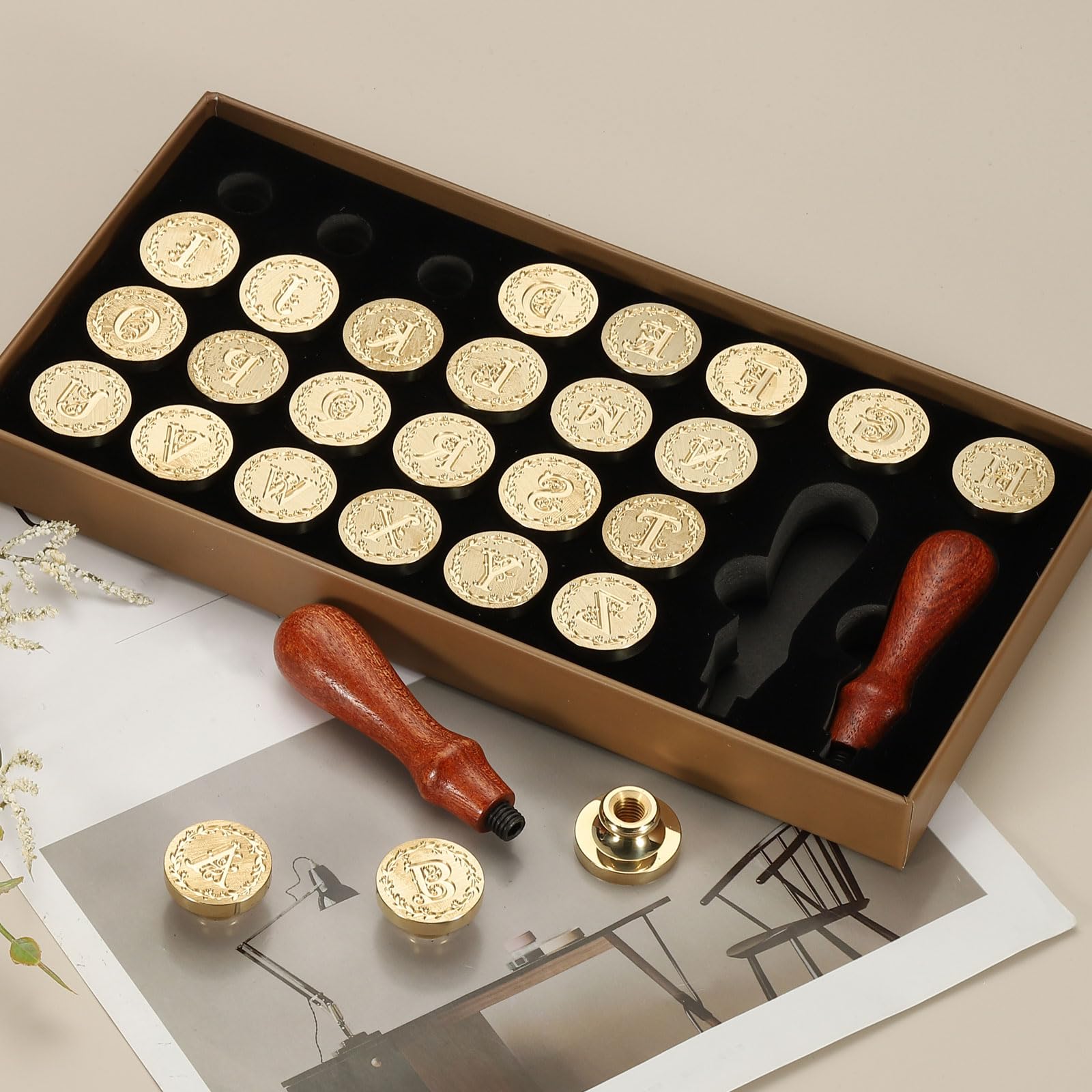 PATIKIL 26 Letters A-Z Alphabet Wax Seal Stamp Kit, Vintage Sealing Stamp with 2pcs Wooden Handles Gift Box for Wedding Invitation, Party, Gift Wrap, Envelope Card, Style 3 - Image 4