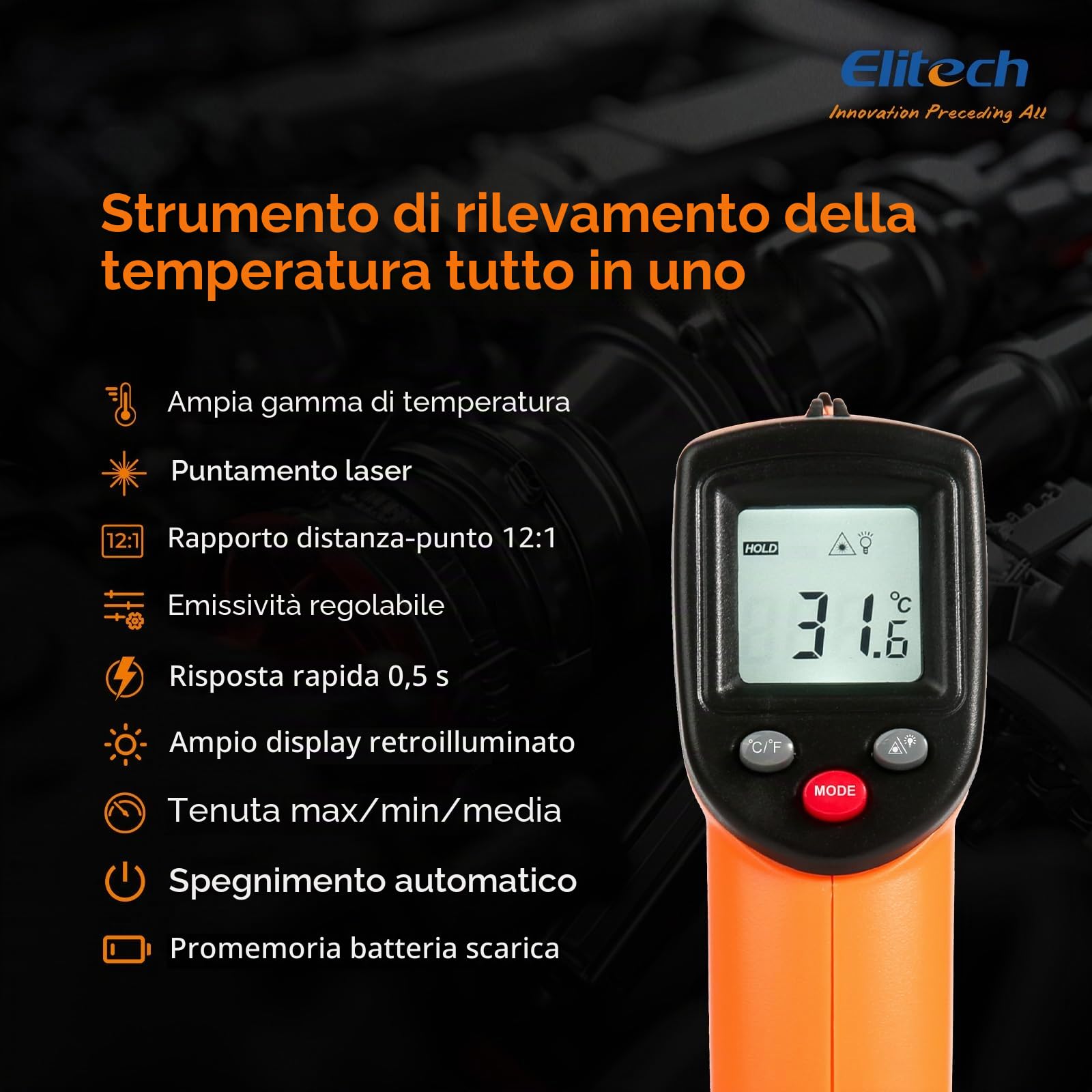 Elitech Pistola de Temperatura Infrarroja Detector de Fugas de Refrigerante para HVAC con LED UV