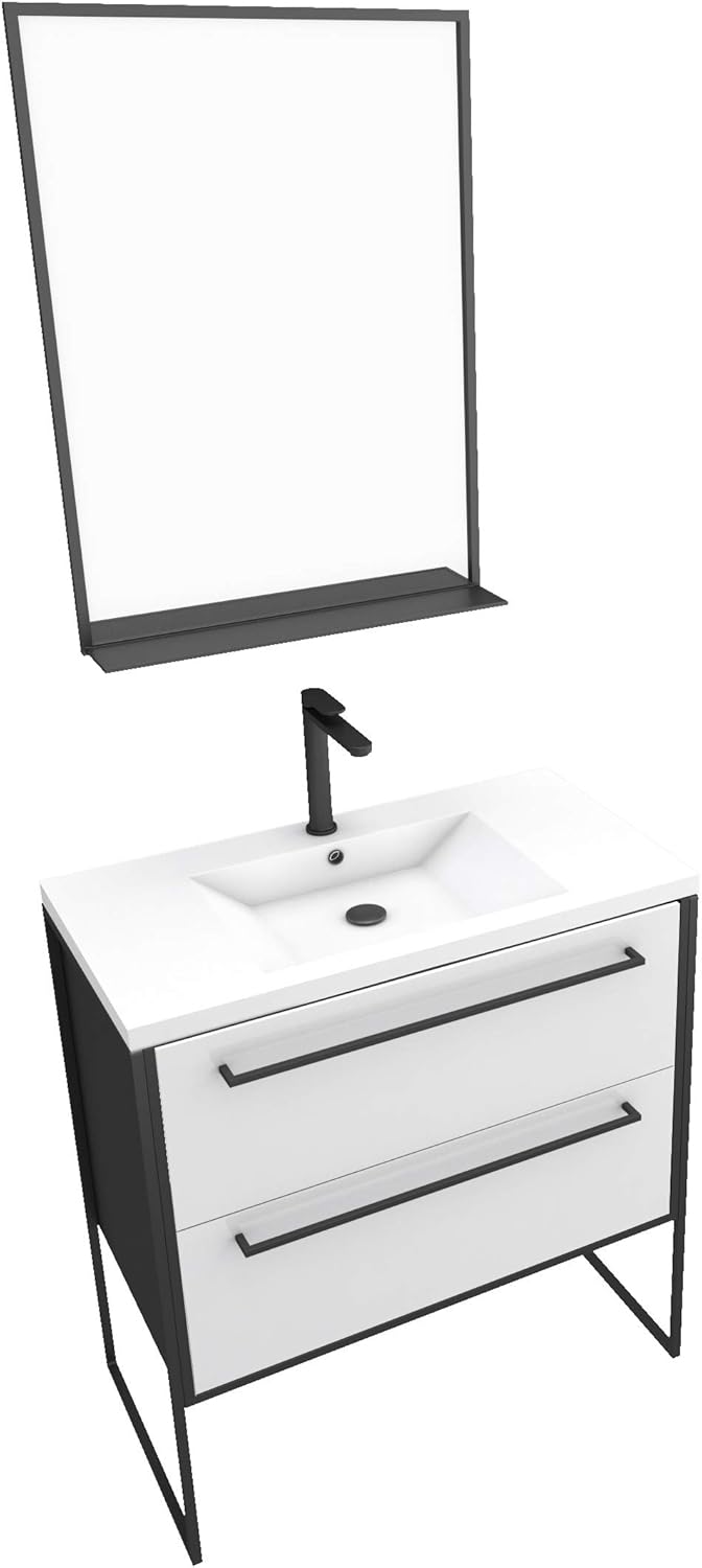 Pack of Bathroom Furniture 80 x 50 cm – 2 White Drawers – White Basin + Matt Black Mirror