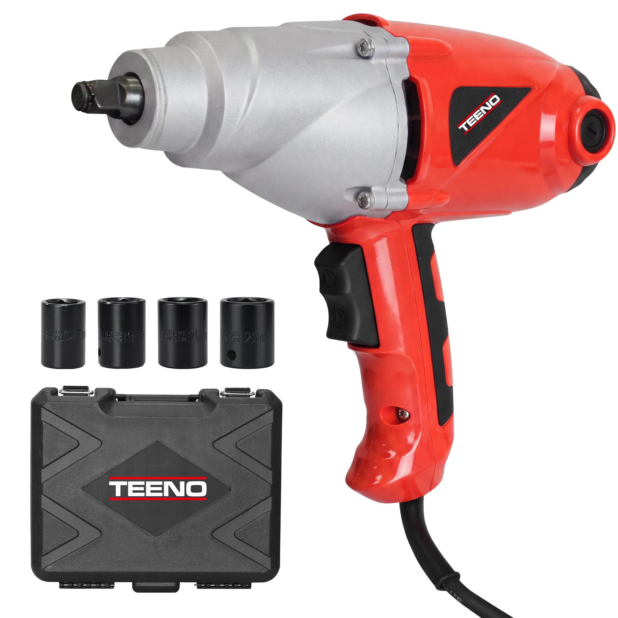 TEENO Schlagschrauber mit Kabel 1/2", 450 Nm, 1010 W, zum Anziehen & Lösen von Schrauben, im Koffer mit 4 Steckschlüsseln (17, 19, 21 und 22 mm), Kabellänge 2M, Rot