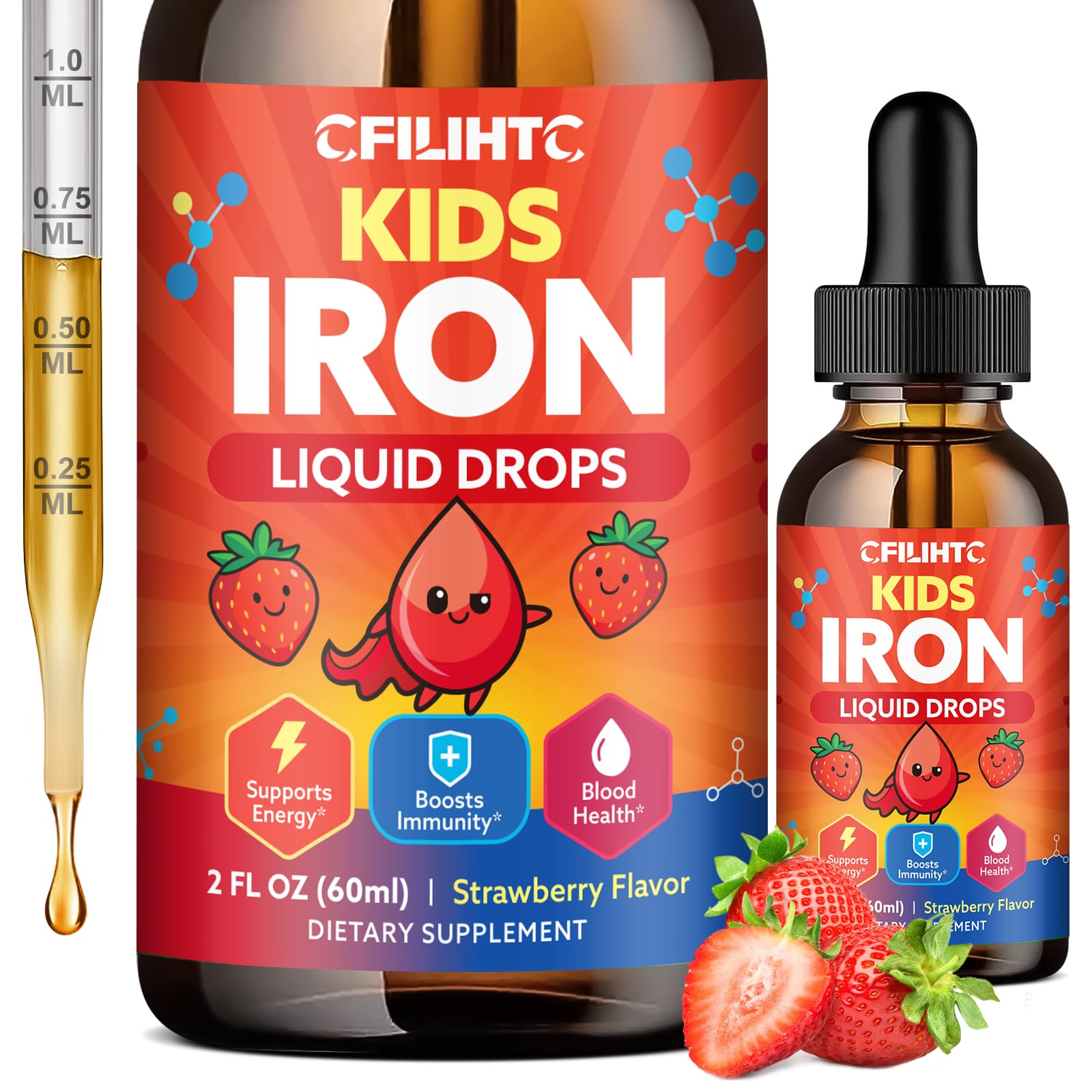 Iron Supplements for Kids Ages 4+, Liquid Iron Drops with Ferrous Bisglycinate, Vitamin C, Active Folate, B12, Zinc & Glycine, Kids Multivitamin with Iron, No Added Sugar, Strawberry Flavor, 2 Fl Oz Strawberry 2 Fl Oz (Pack of 1)