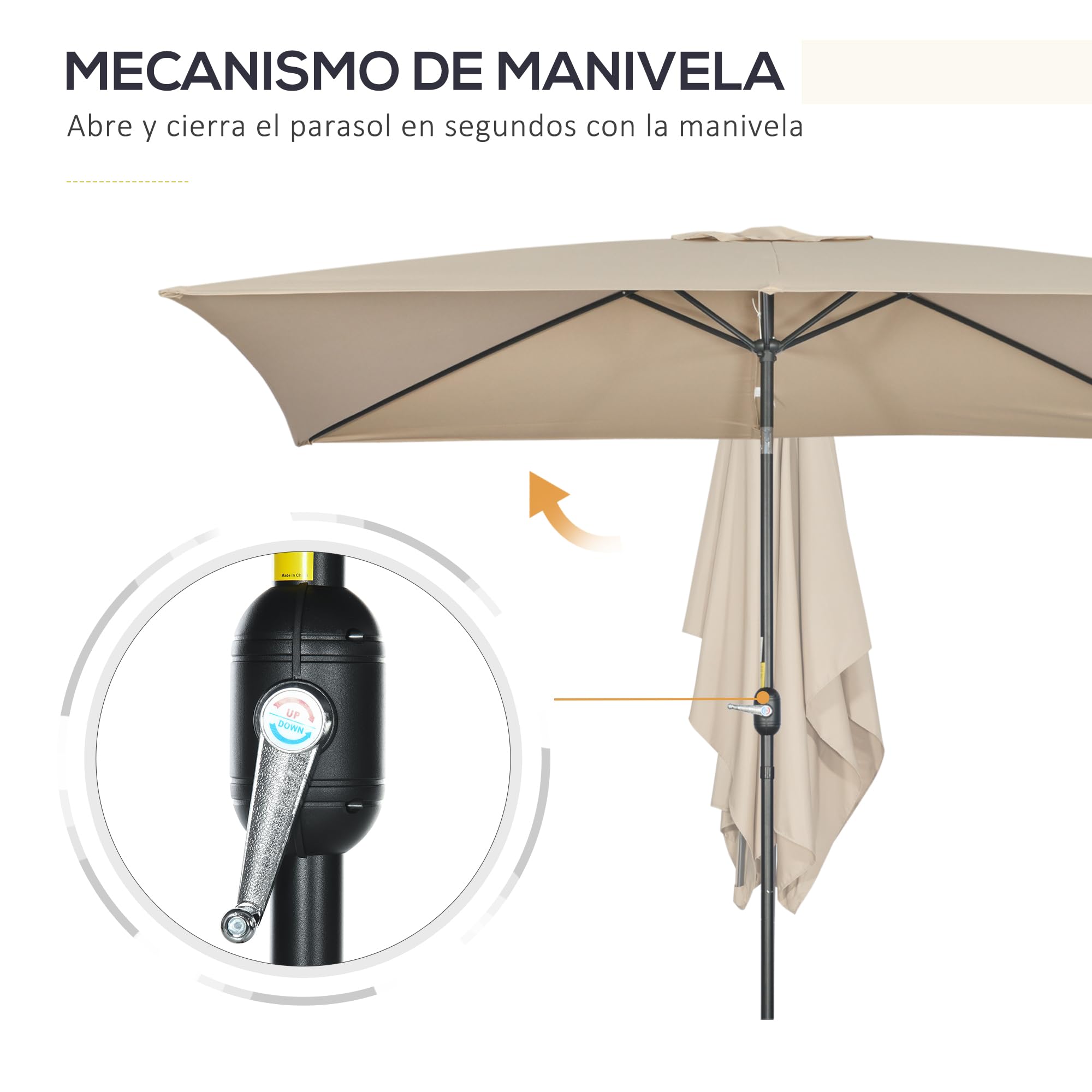 Outsunny Sombrilla de Aluminio 200x300x253 cm Inclinable Manivela Caqui | Parasol Rectangular de Jardín, Poste Desmontable, para Terraza Piscina Patio Exterior