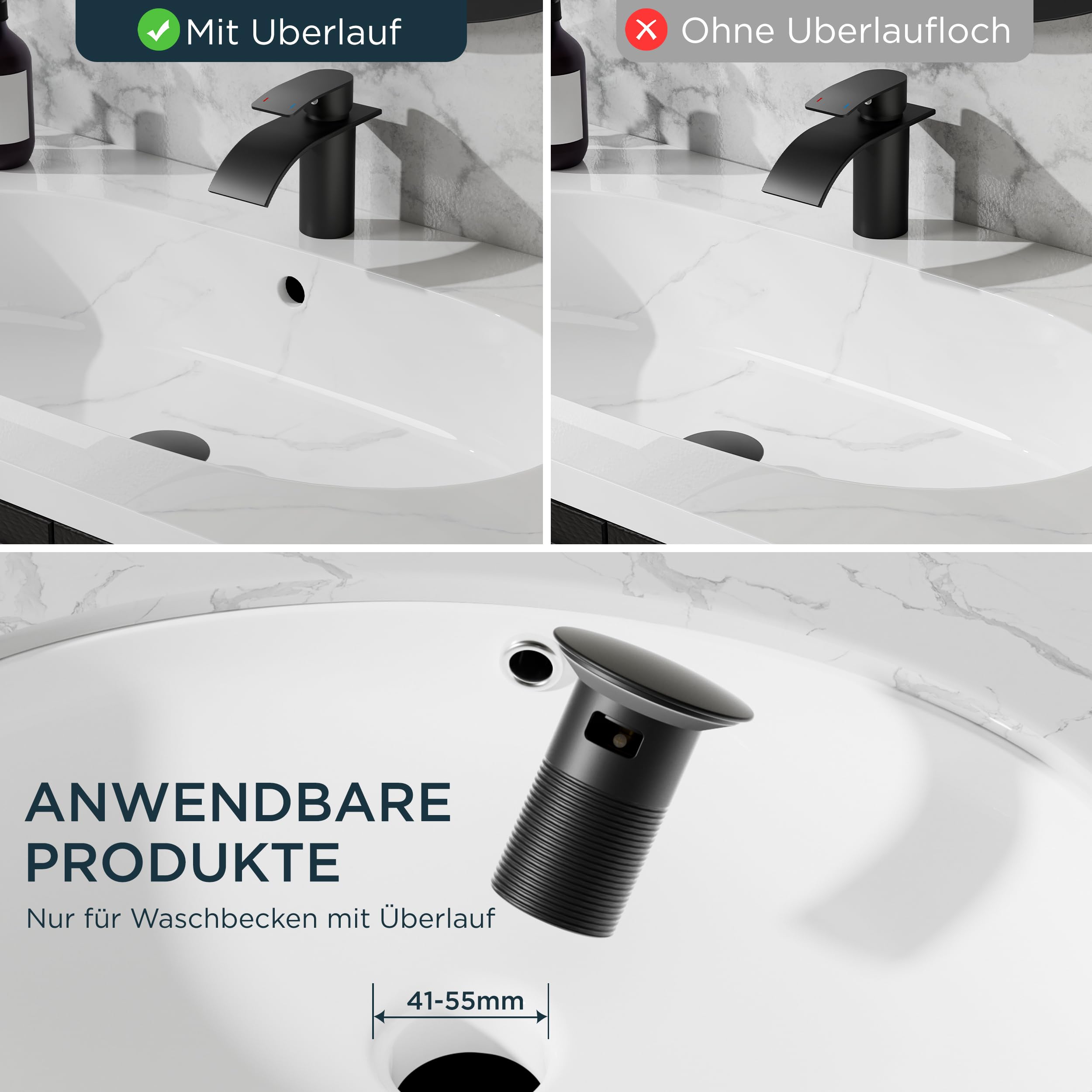 FORIOUS Wasserhahn Bad Schwarz mit Ablaufgarnitur, Edelstahl Wasserfall Waschbeckenarmatur mit Auslaufhöhe 80MM, Einhebel-Mischbatterie für Kaltes und Warmes Wasser im Badezimmer