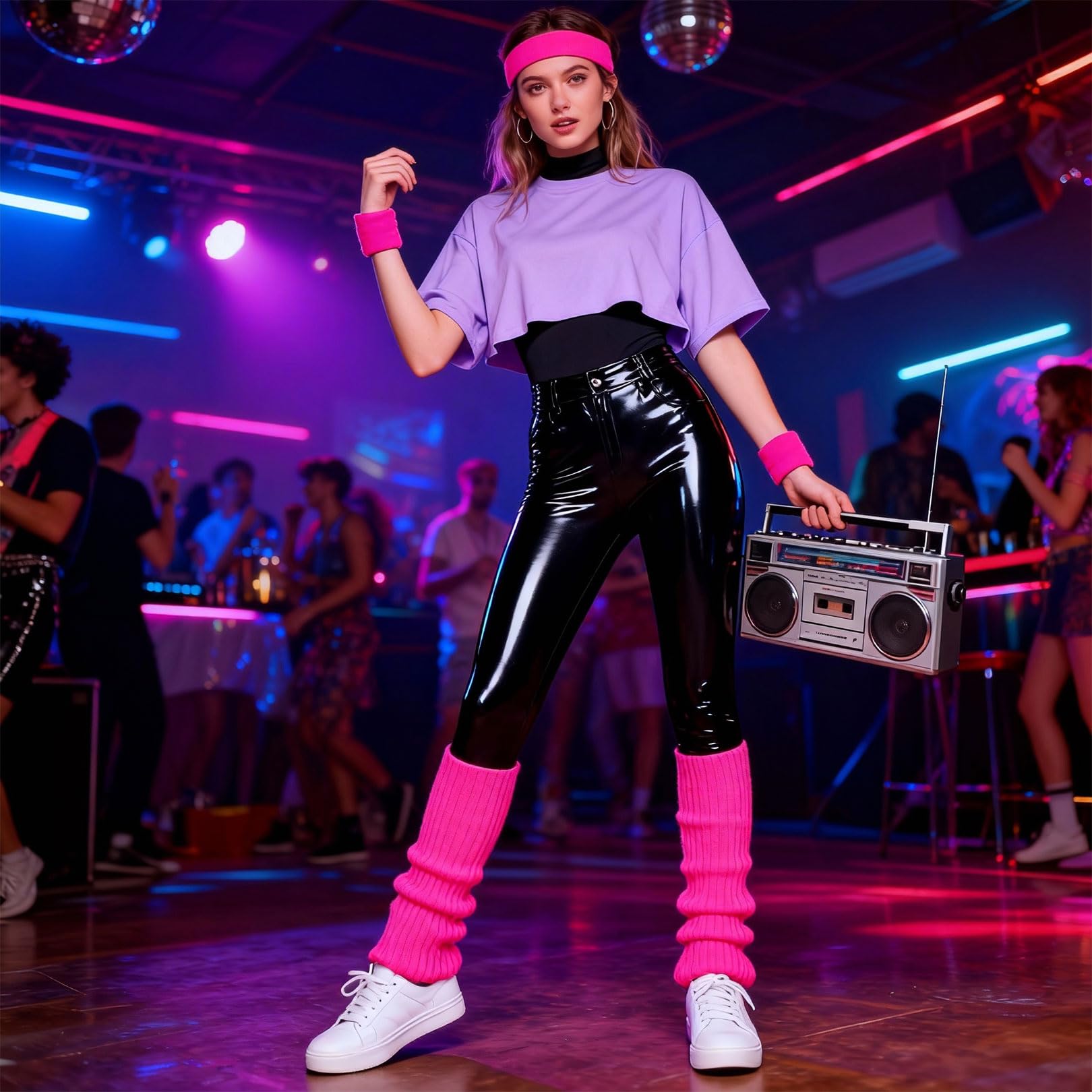 Neonowe getry damskie, karnawałowe getry damskie w stylu lat 80. Różowe getry Akcesoria karnawałowe Neonowe różowe getry Różowe getry hippisowskie Imprezowe czerwono-białe pasiast