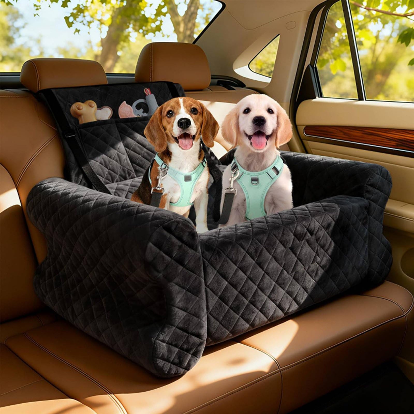 Cuscino Auto per Cani Cuccia Auto per Lettino da Viaggio per con Struttura Ergonomica E Interno Morbido Cinghie di E Tappetino Estraibile Adatto Guida Bagagliaio Soggiorno Gite, Nero