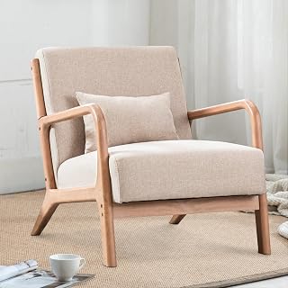 INZOY Mid Century Modern Accent Chair Beige - Wood Frame Upholstered Armchair with Lumbar Pillow for Living Room Bedroom Reading Nook