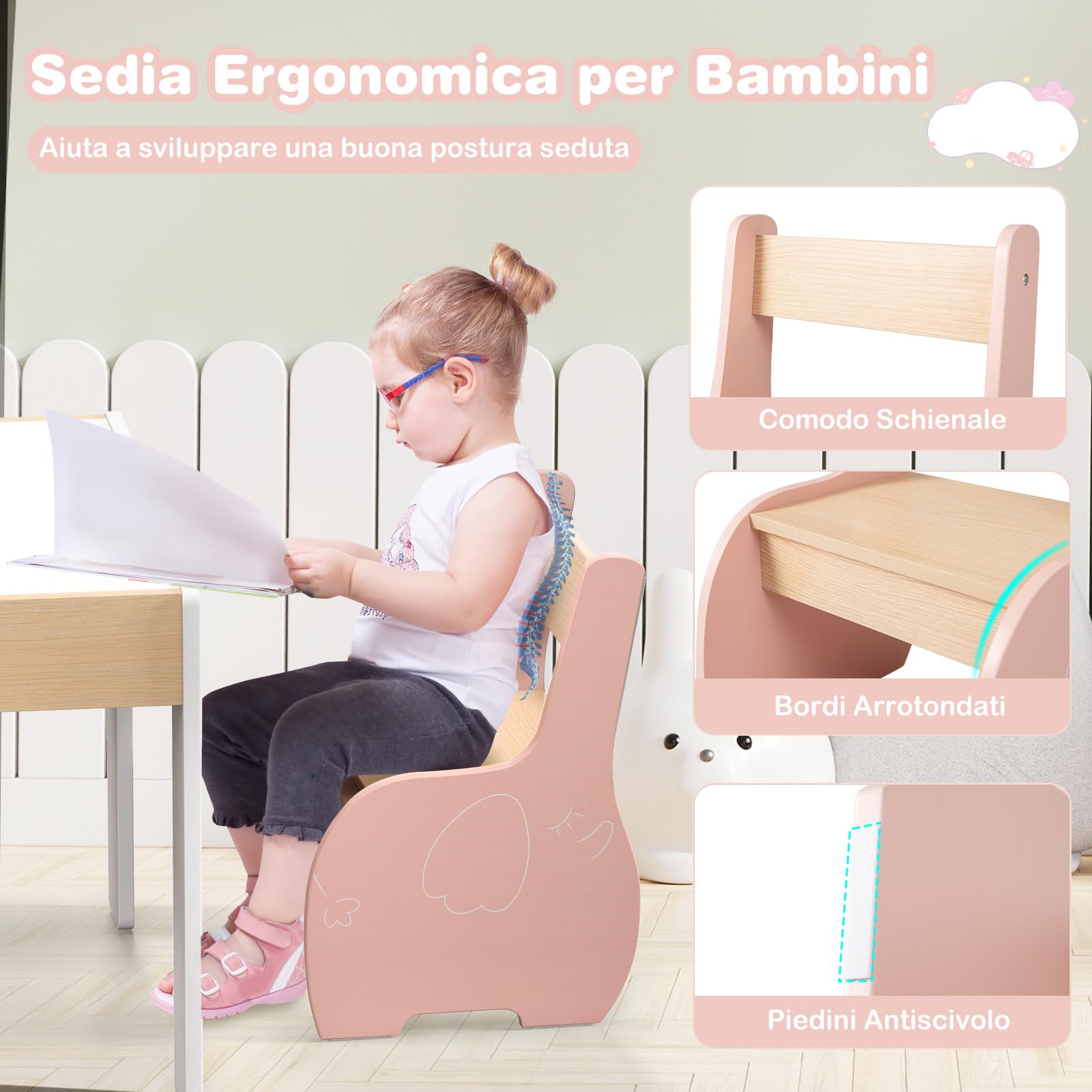 COSTWAY 3 in 1 Set Tavolo e Sedie per Bambini, Tavolo da Attività per Bambini con 2 Sedie, Lavagna Rimovibile e Deposito, per Giocare, Disegnare e Leggere, in Legno (Rosa)