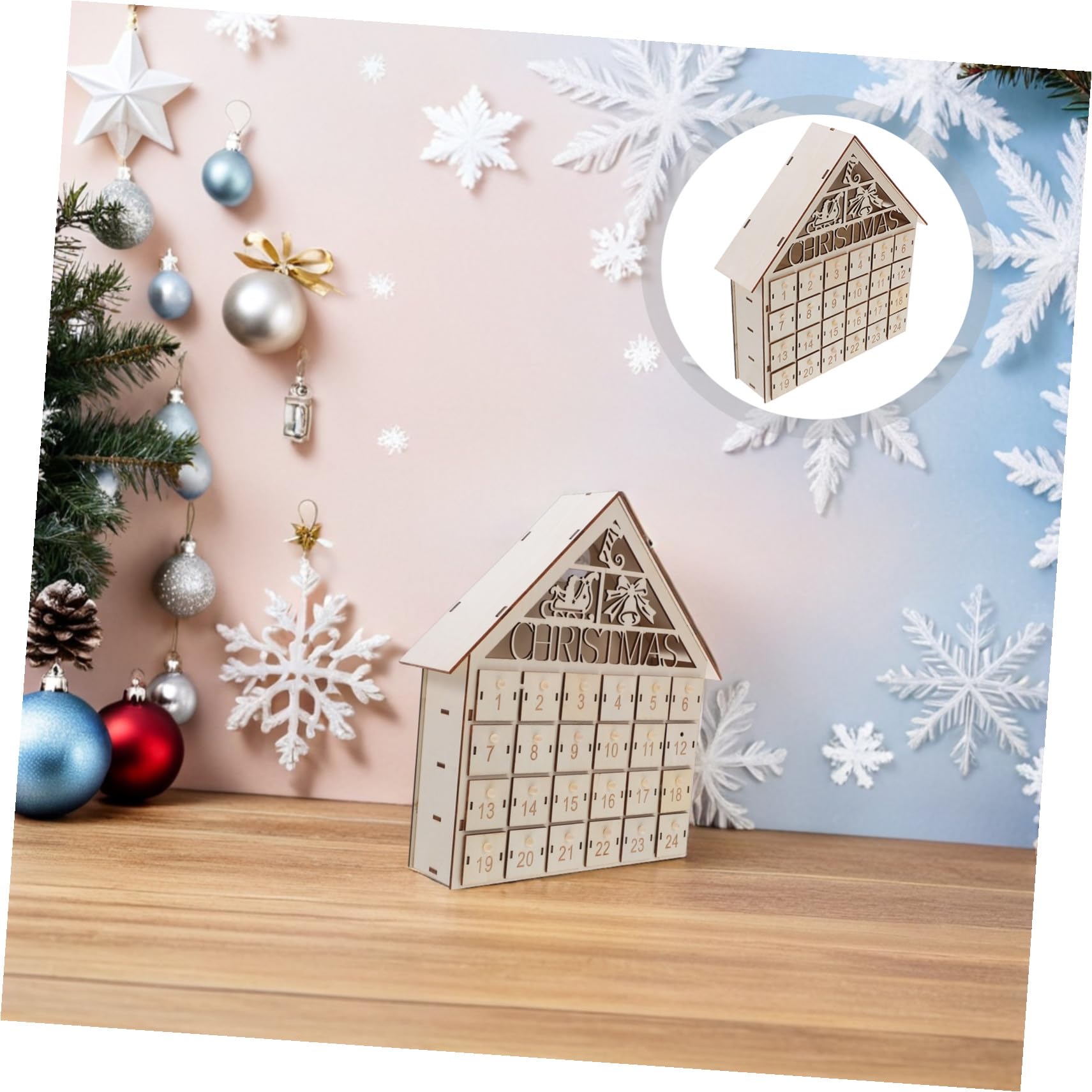 Calendario de Adviento de Madera con LED Casa de Regresiva de Días Cajones DIY para Golosinas Navideñas Decoración Reutilizable para Familia Navidad