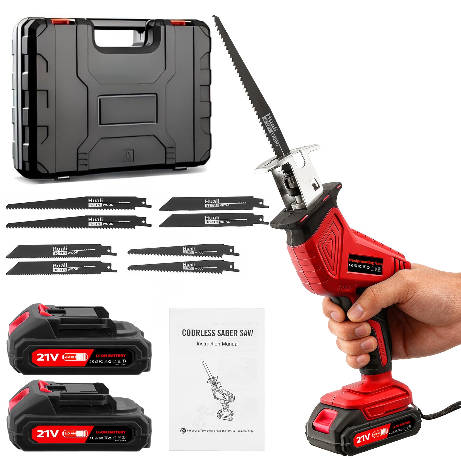 Keleef 21V Reciprocating Saw, 0-4000 RPM Variable Speed Electric Saws to Cut Wood, Cordless Saw with 2 Batteries and Charger, 8 Sawing Blades, Electric Saw for Wood Metal PVC, Red
