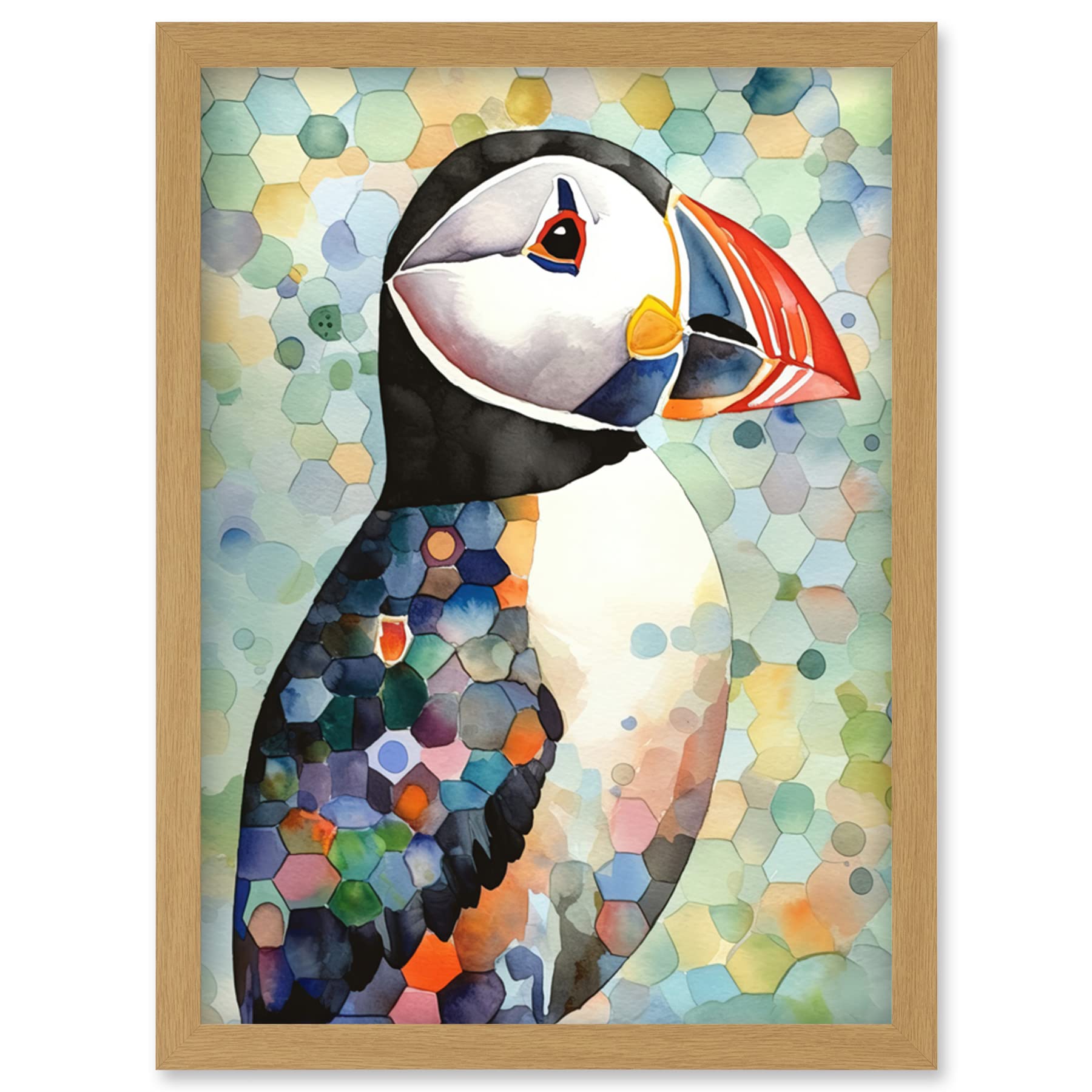Artery8 Puffin Bird Portrait Pastel Colour Folk Art Artwork Framed Wall Art Print A4