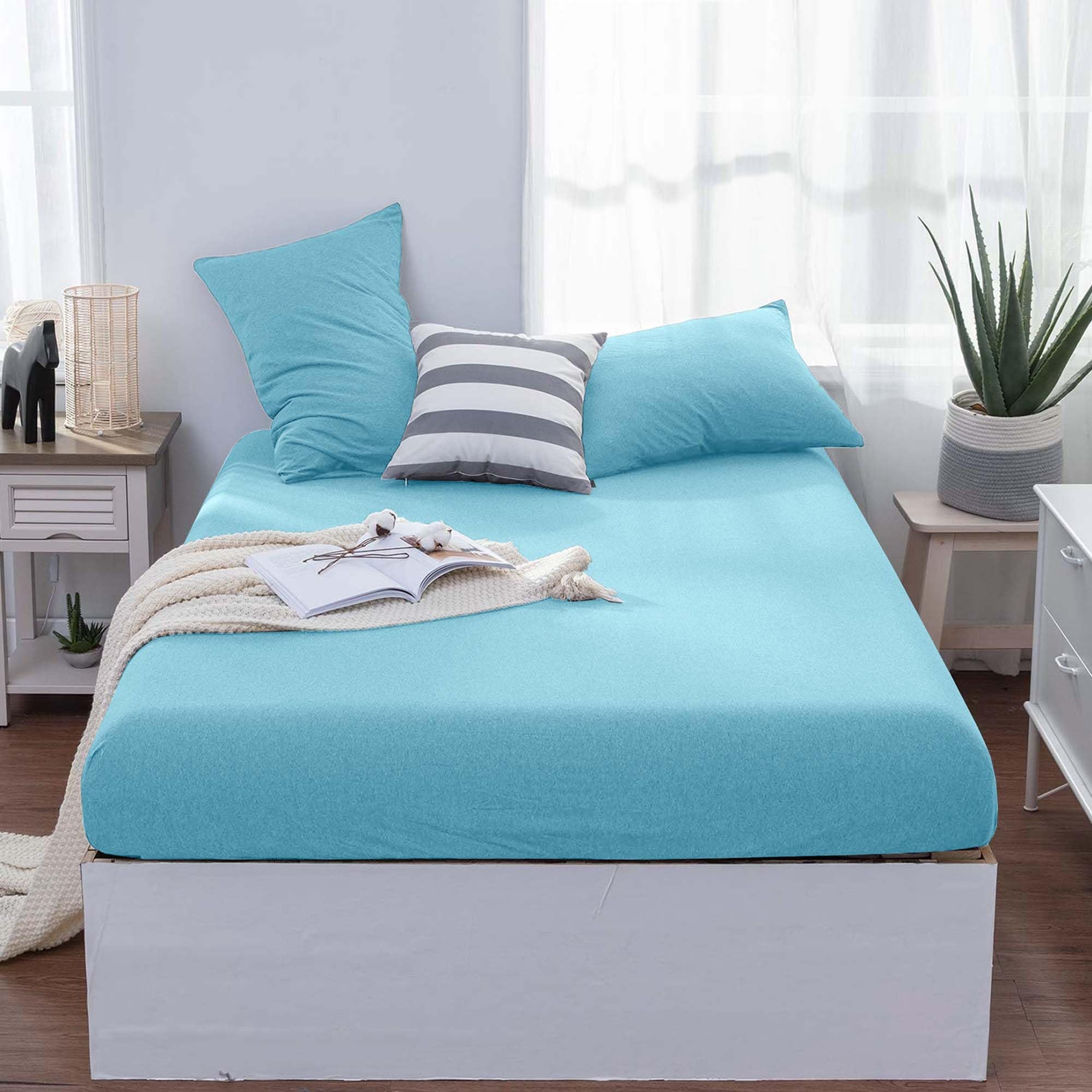 Oxford Homeware King Size Fitted Sheets, 30 Cm Deep Pocket Jersey Fitted Sheet Washed Blue - Image 2